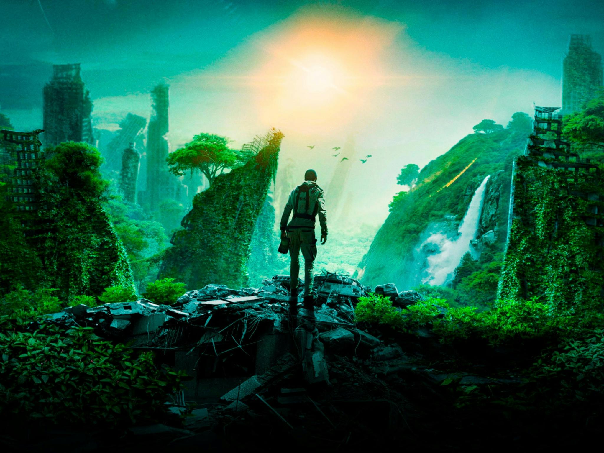Promotional image for 2067 showing a human figure staring out at a dystopic, overgrown landscape