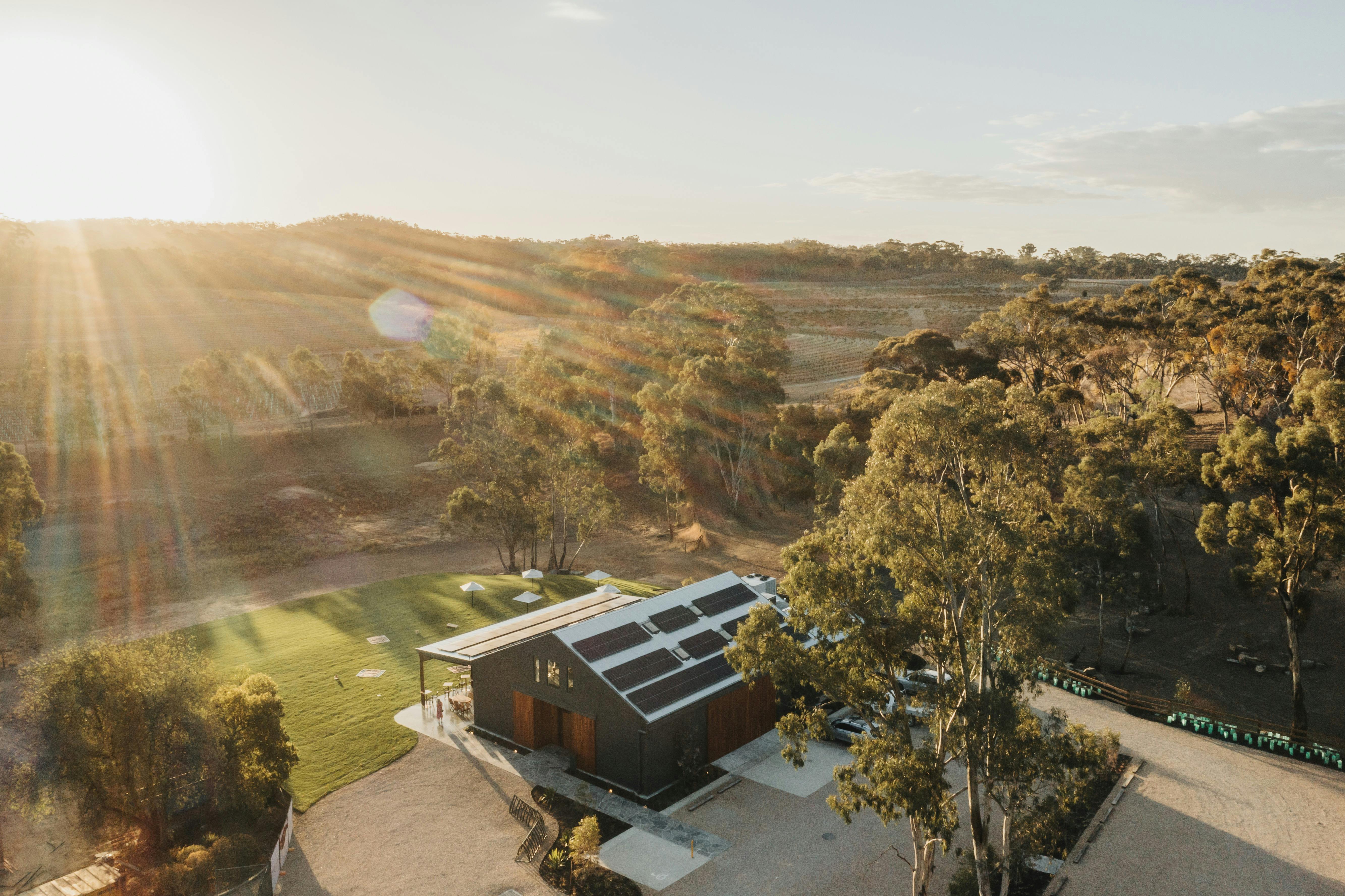 Skillogalee Estate Barrel House Drone Shot overlooking the shed, lawn and vineyard with trees around