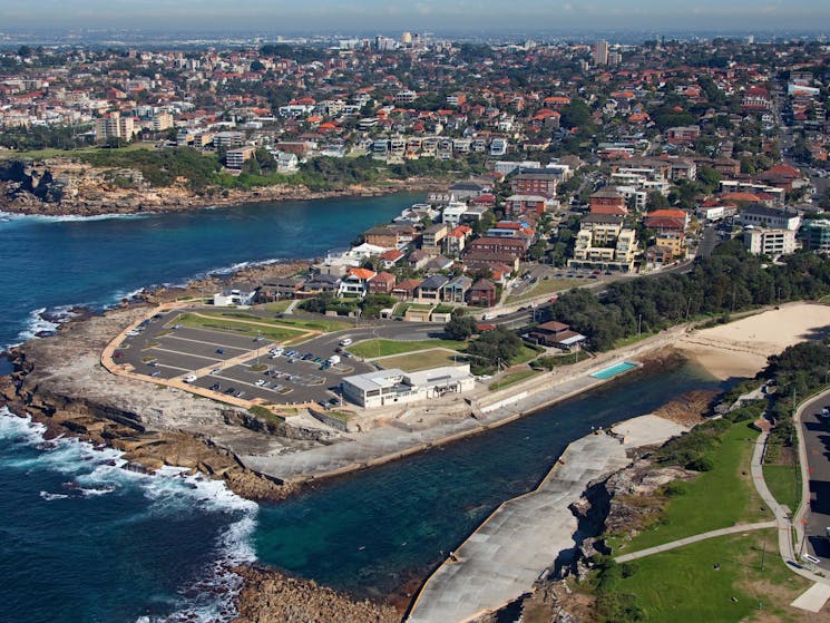 Aerial of Clovelly headland including Clovelly surf lifesaving club and Bundock Park