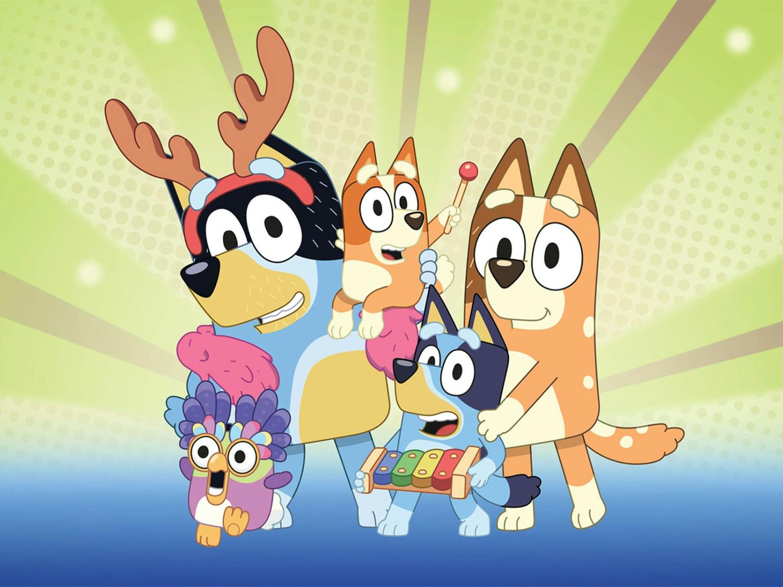 The Bluey family and Bingo's friend, the featherwand, are dressed up and playing musical instruments