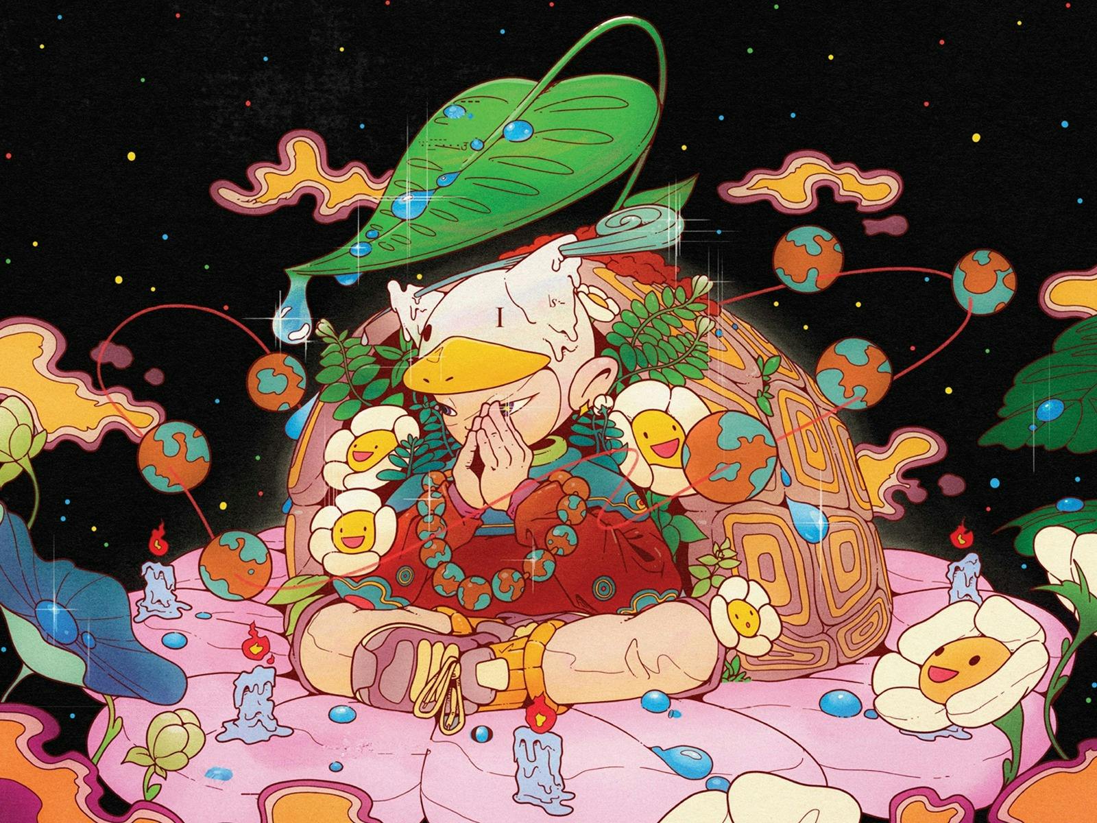 Cartoon illustration of a boy with legs crossed and hands clasped together.