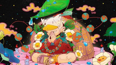 Cartoon illustration of a boy with legs crossed and hands clasped together.