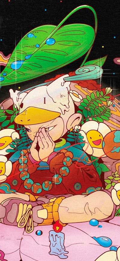 Cartoon illustration of a boy with legs crossed and hands clasped together.