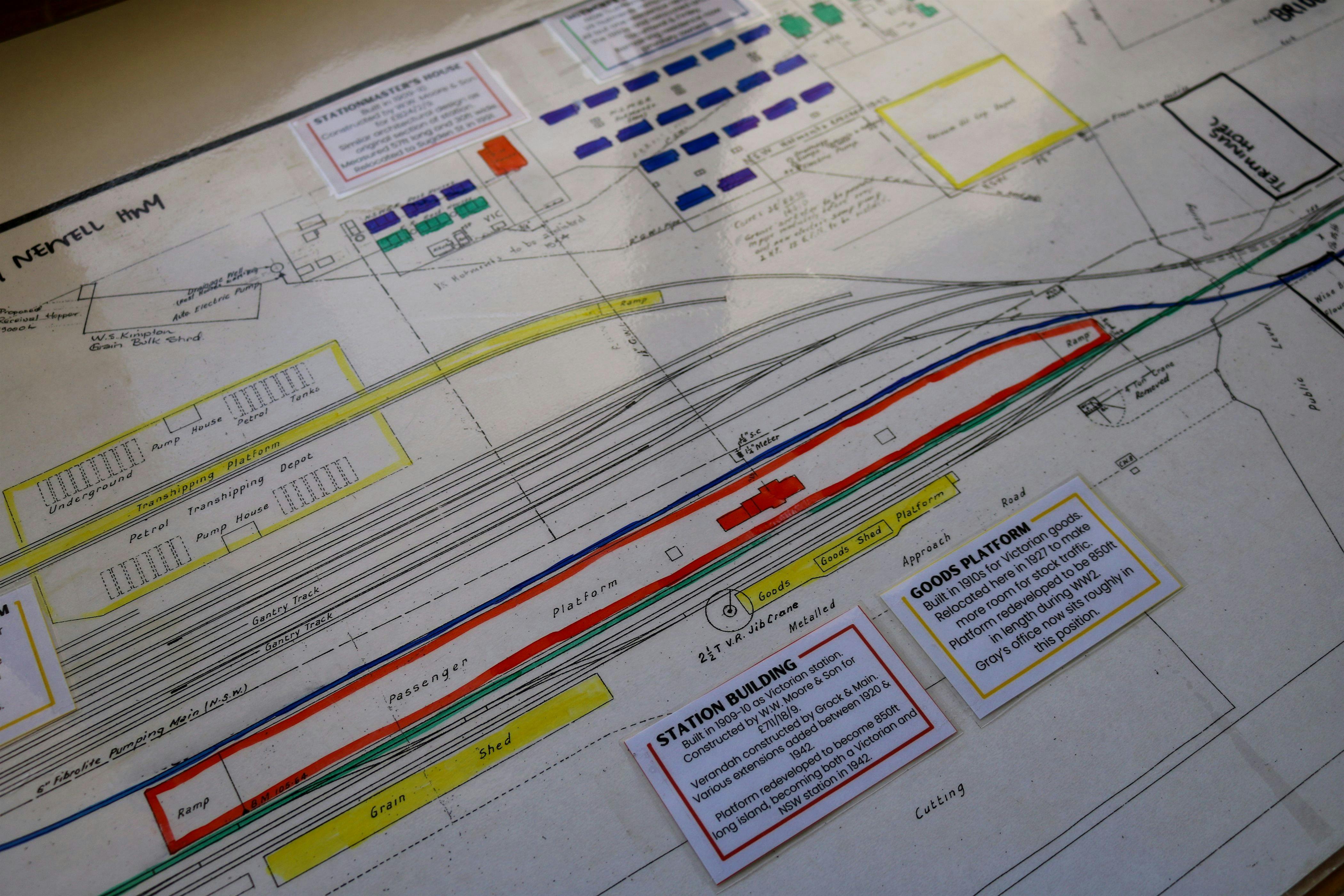 Close-up of rail yard diagram plans, featuring the platform and station