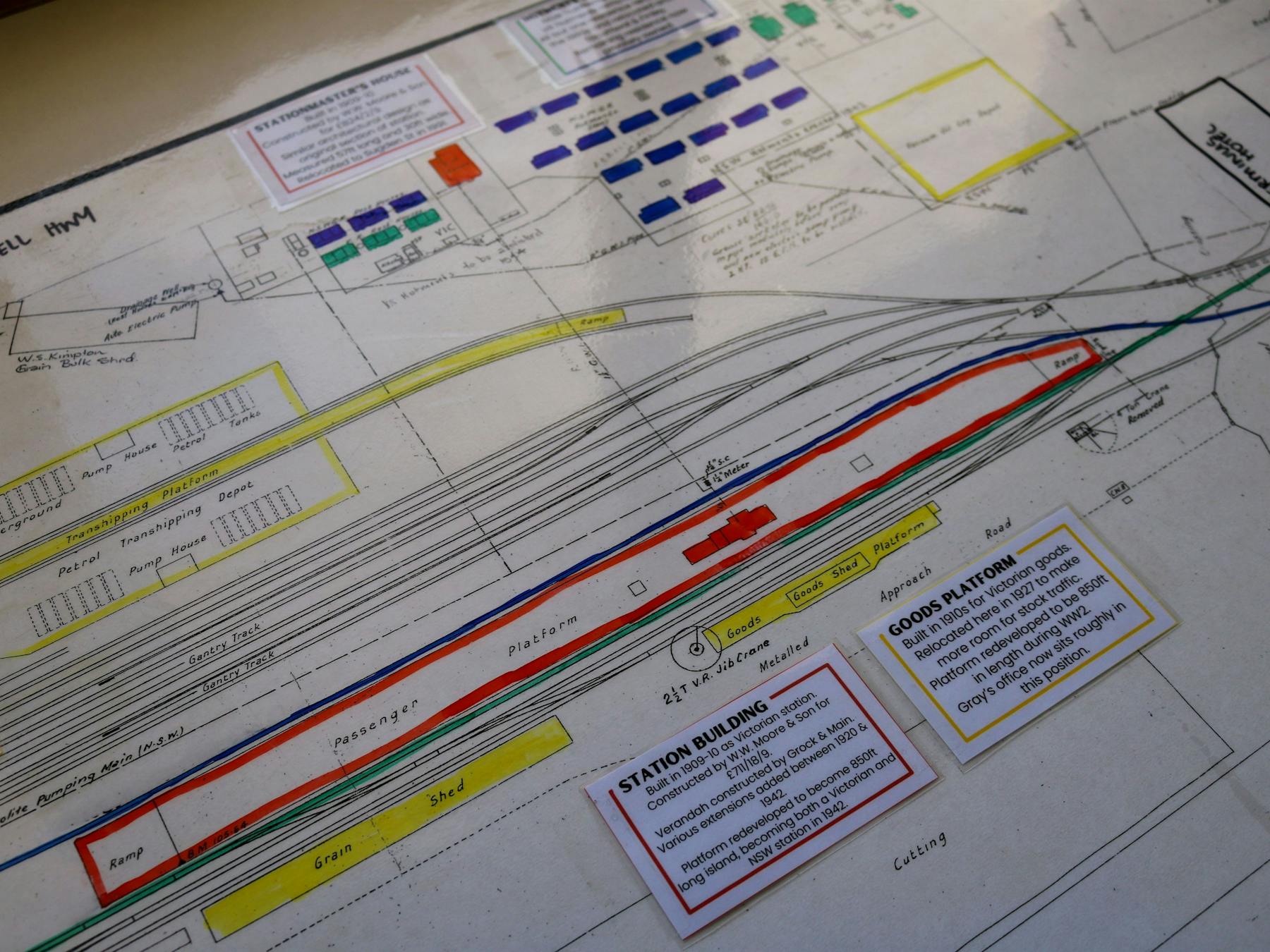 Close-up of rail yard diagram plans, featuring the platform and station