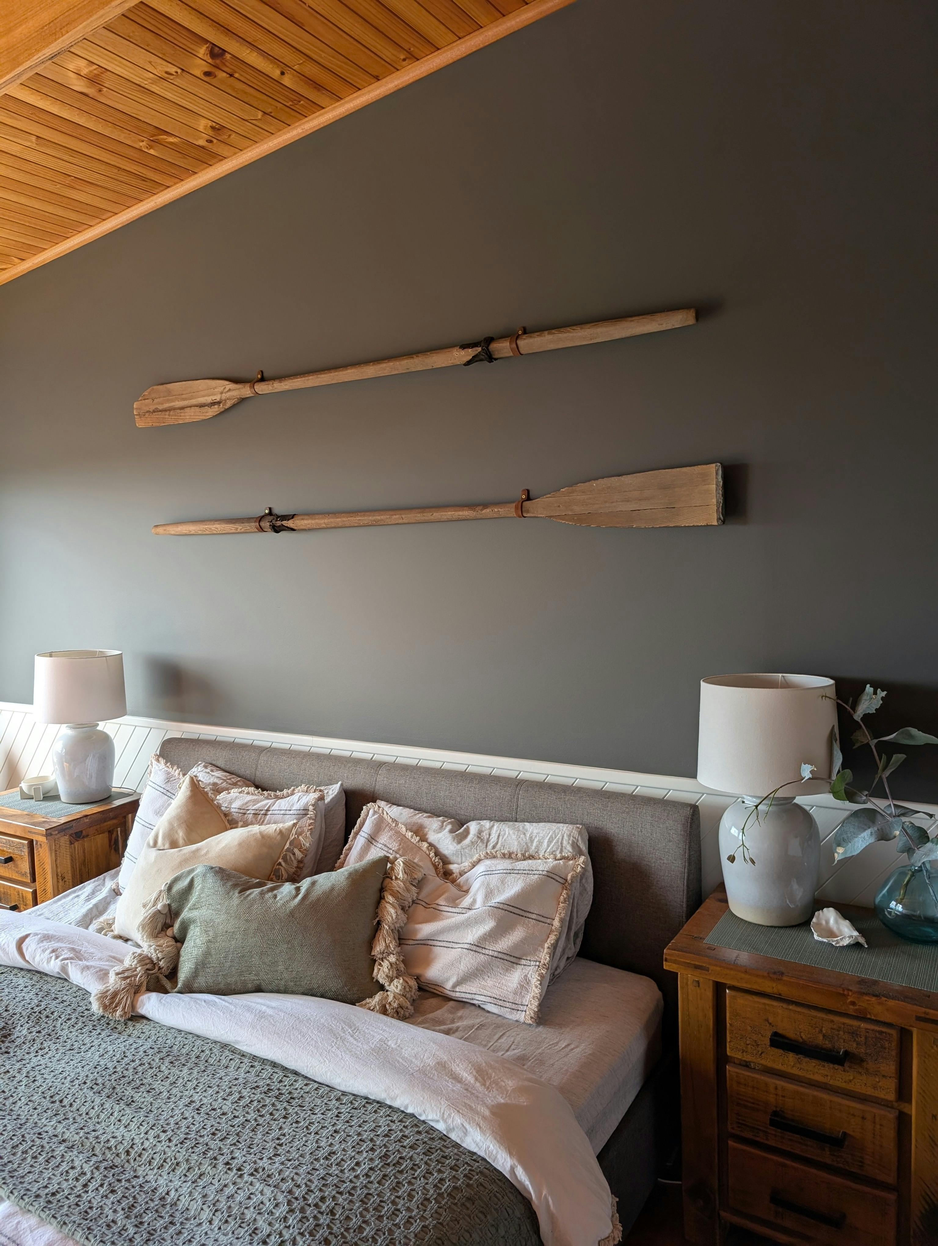 Coastal-style master bedroom at Old Salty Shack, Binalong Bay Tasmania