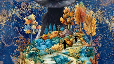 Hansel and Gretel running through a fairytale forrest, all leading to the witch