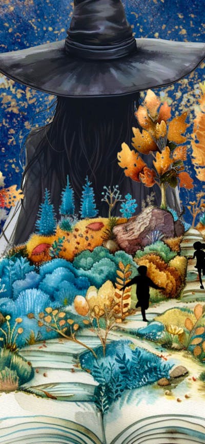 Hansel and Gretel running through a fairytale forrest, all leading to the witch