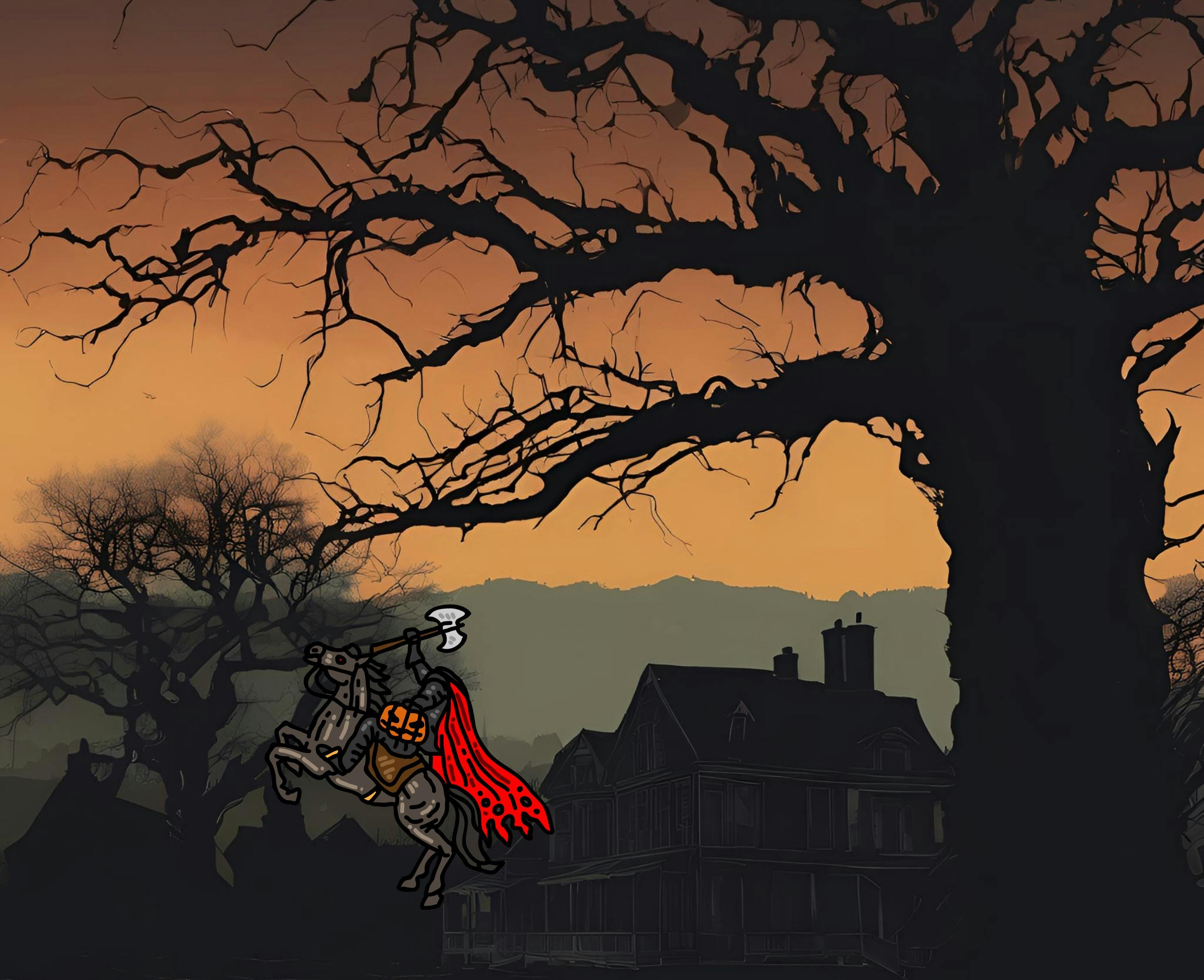 Illustration of a person in a red cape riding a horse in a dark forest.