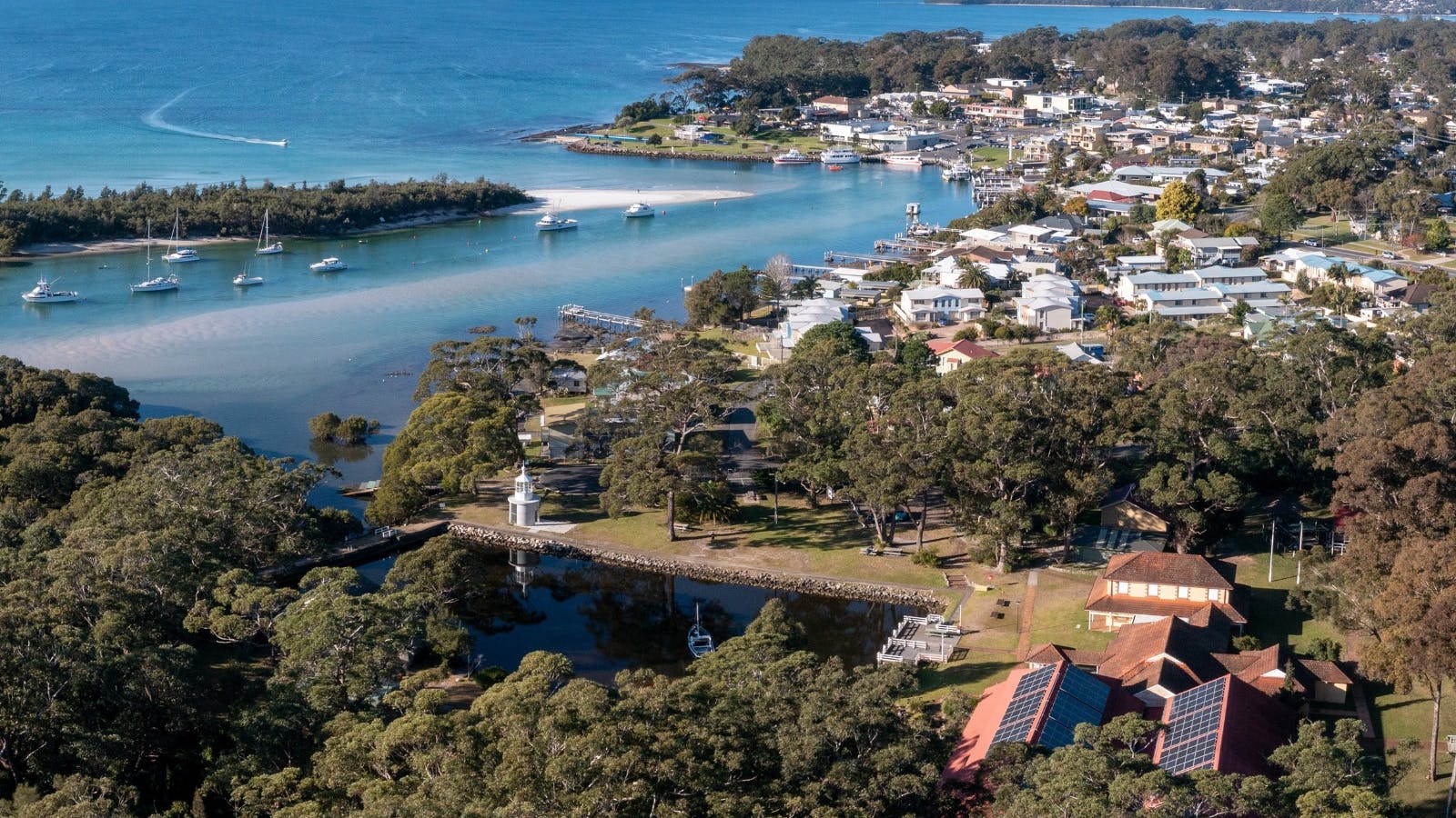 Aerial view Jervis Bay Maritime Museum, Huskisson, Currambene Creek and Jervis Bay.