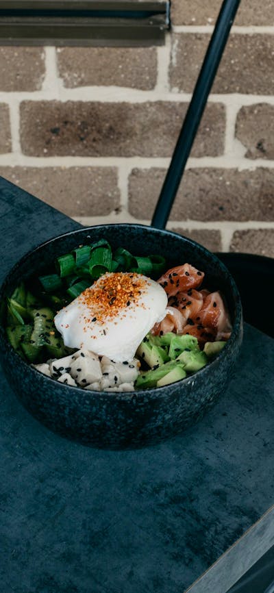 bowl of food on grey table