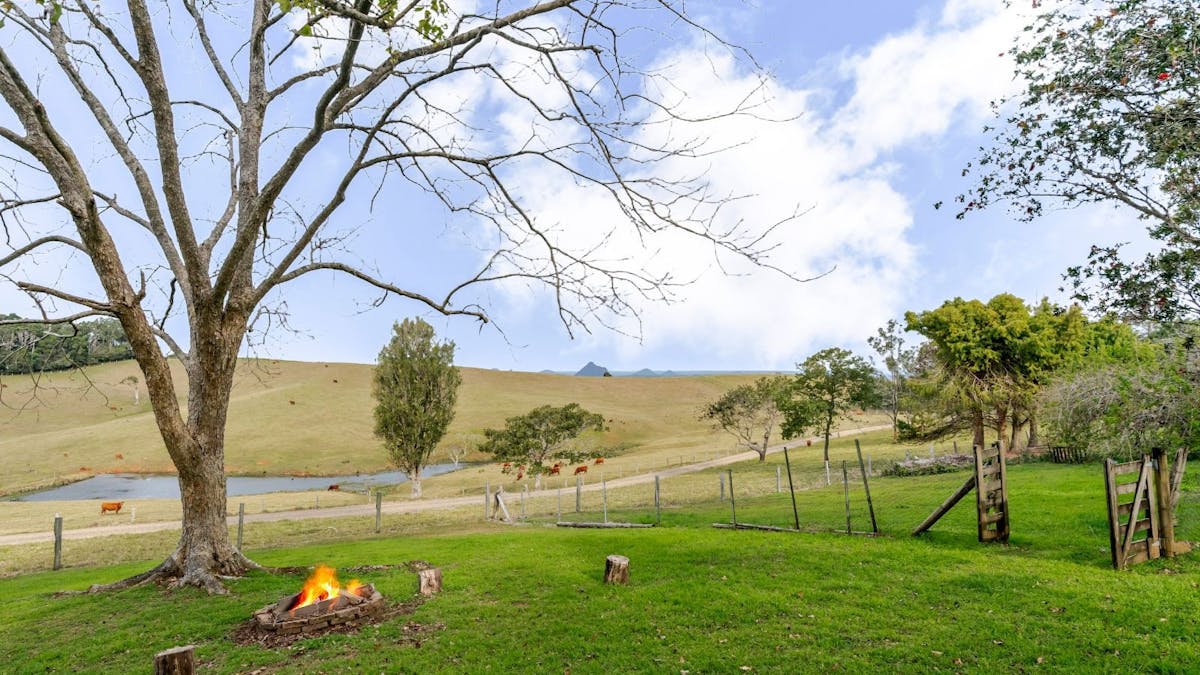 Gardens with firepit and views of the Glass House Mountains