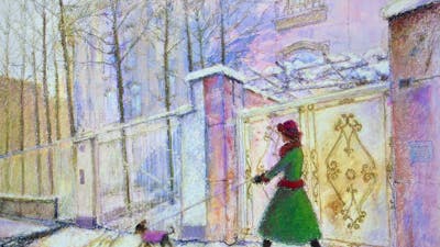 Painting of a woman walking a dog