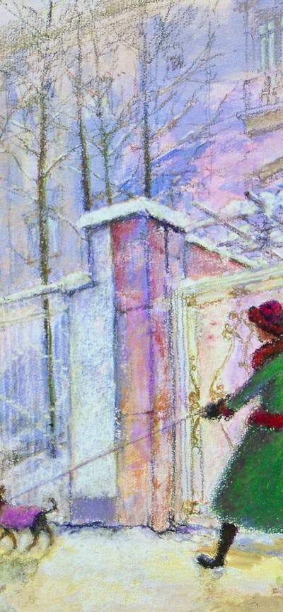 Painting of a woman walking a dog