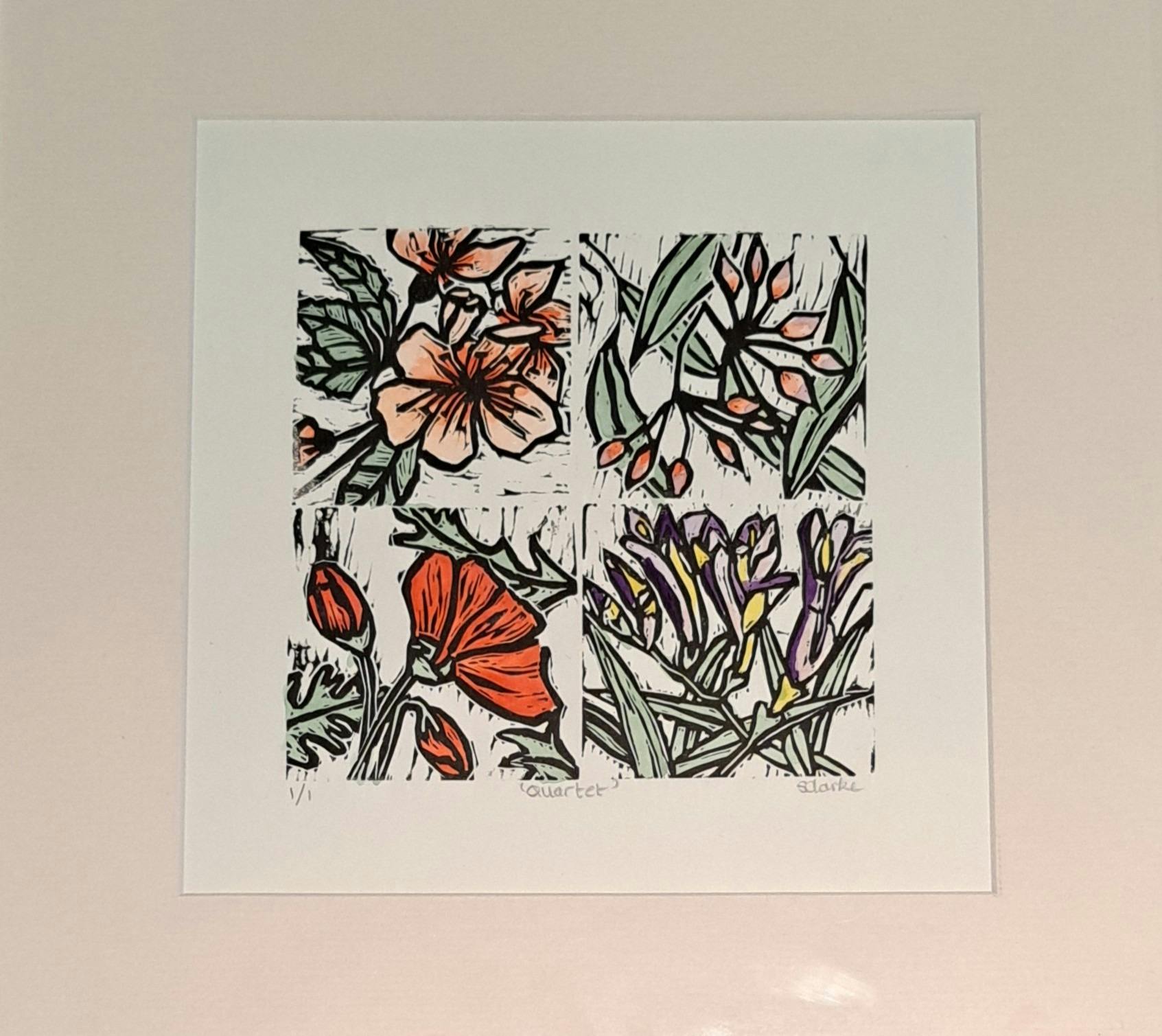 blossom, gum, poppy and freesias watercoloured in some pastel shades and red with black block ink