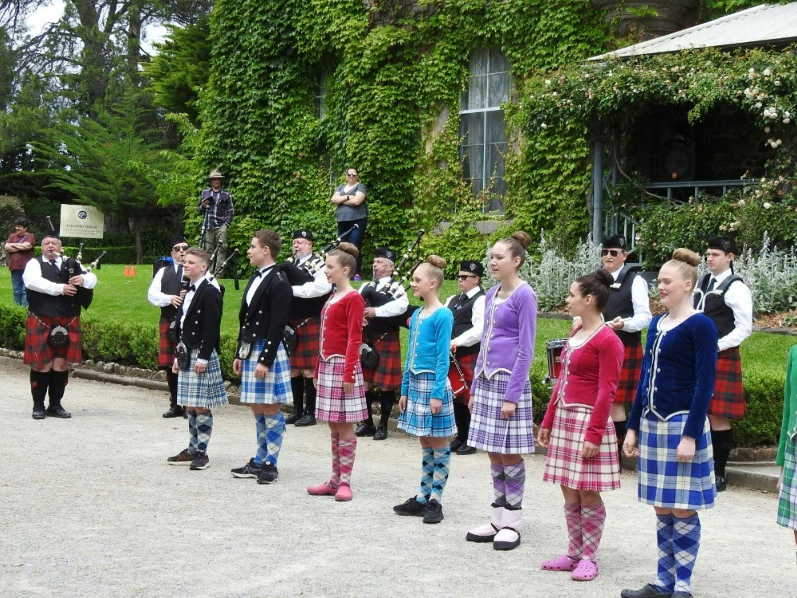seven dancers line up in colourful scottish uniforms, with a bagpipe player, vines behind them