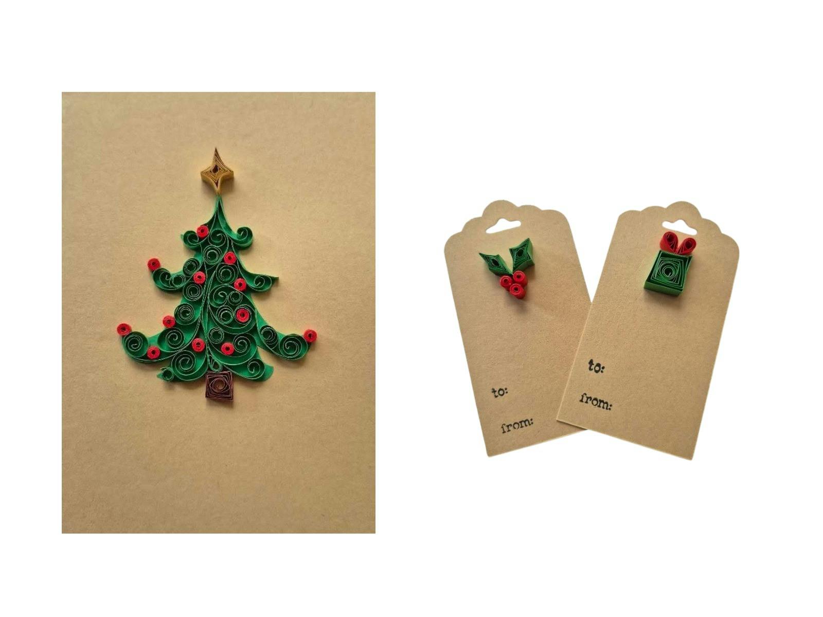 Flat lay image of Christmas tree on card with two small Christmas themed gift tags