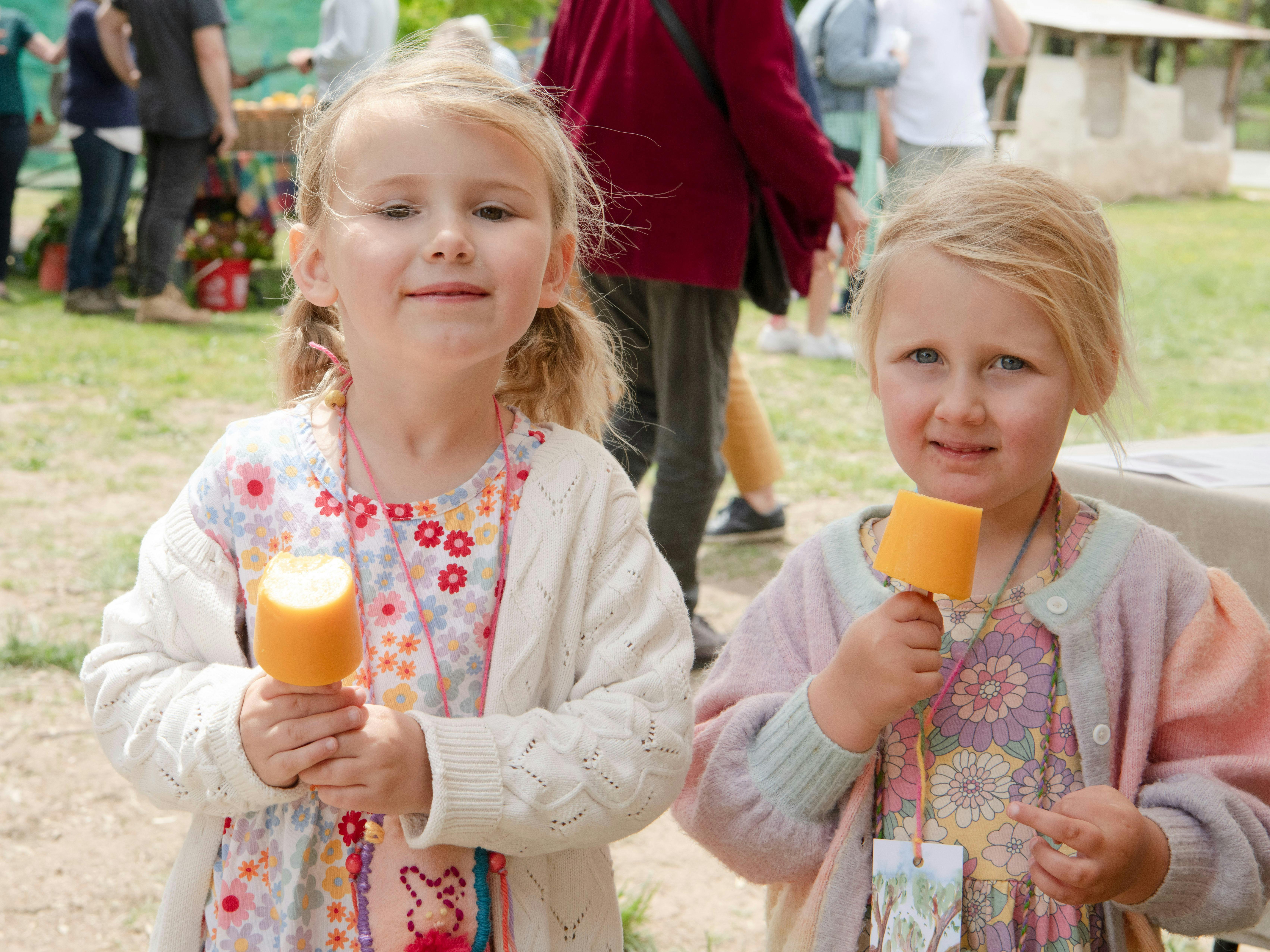 Two young girls enjoying homemade fruit icy poles