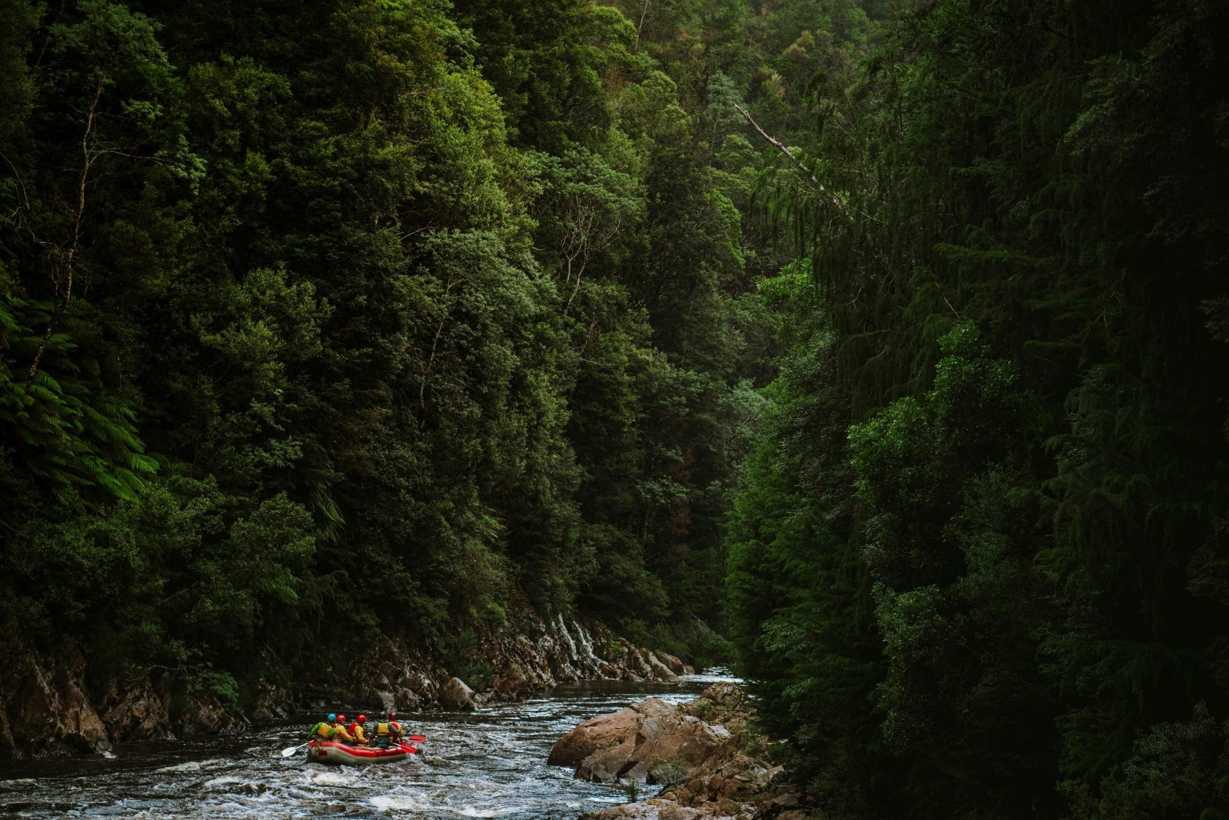 Raft with people on the King River, Tasmania