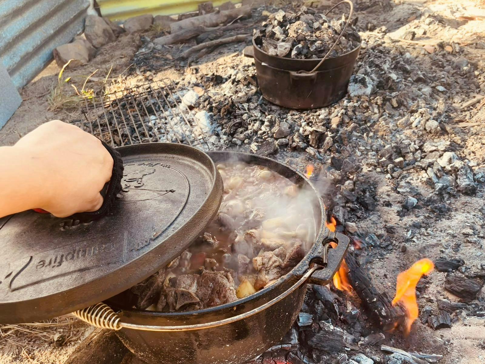 Lamb slow-cooked in the camp oven