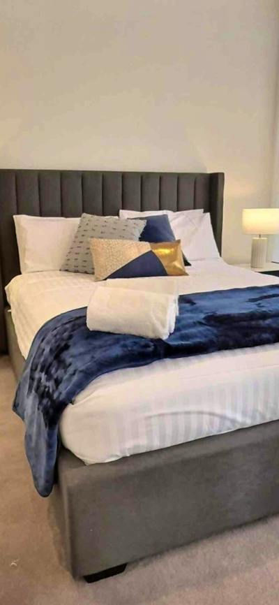 Modern bedroom with a grey tufted bed, navy throw blanket, bedside tables, and lamps.
