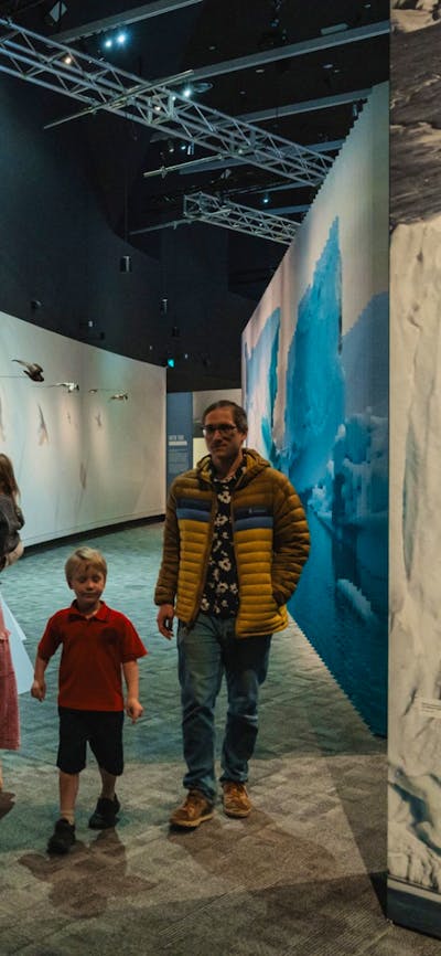 Young family walking together in front of a penguin display.