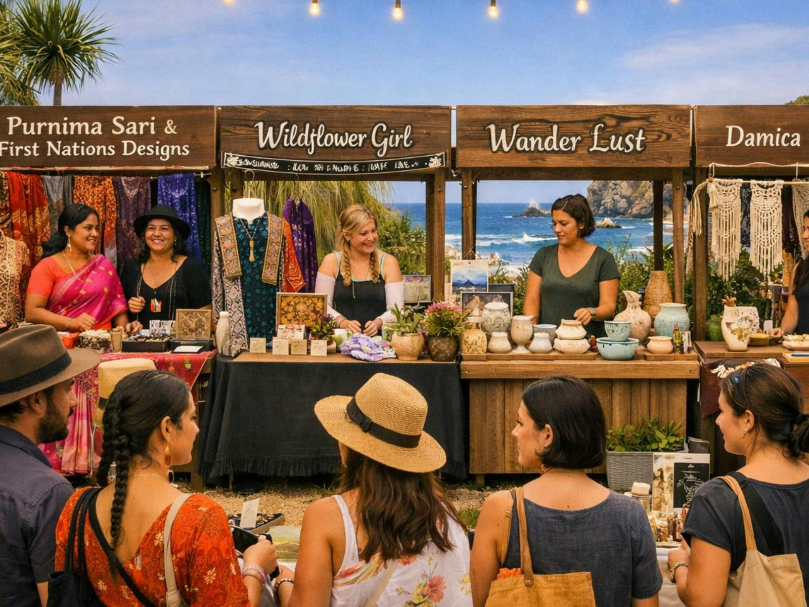 Market consisting of local artisans counters promoting local purchases.