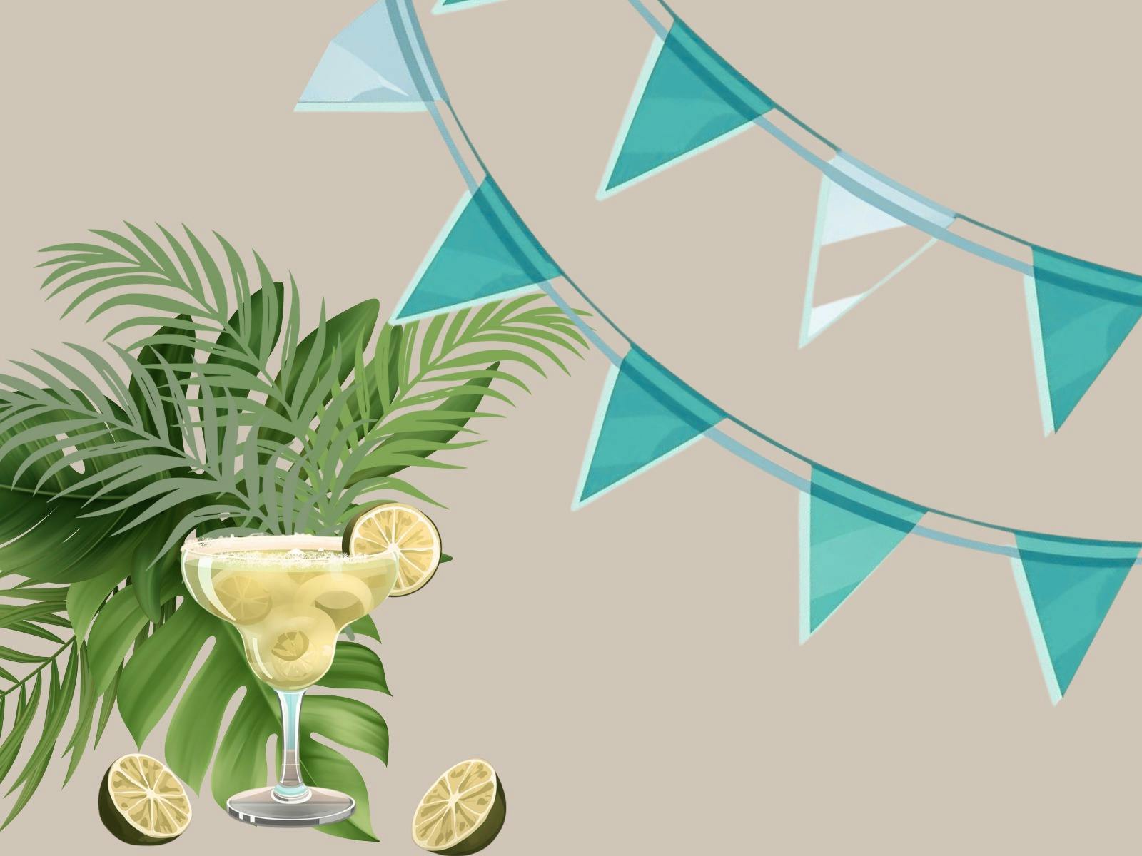 illustrated image of festival flags with a margarita and tropical leaves