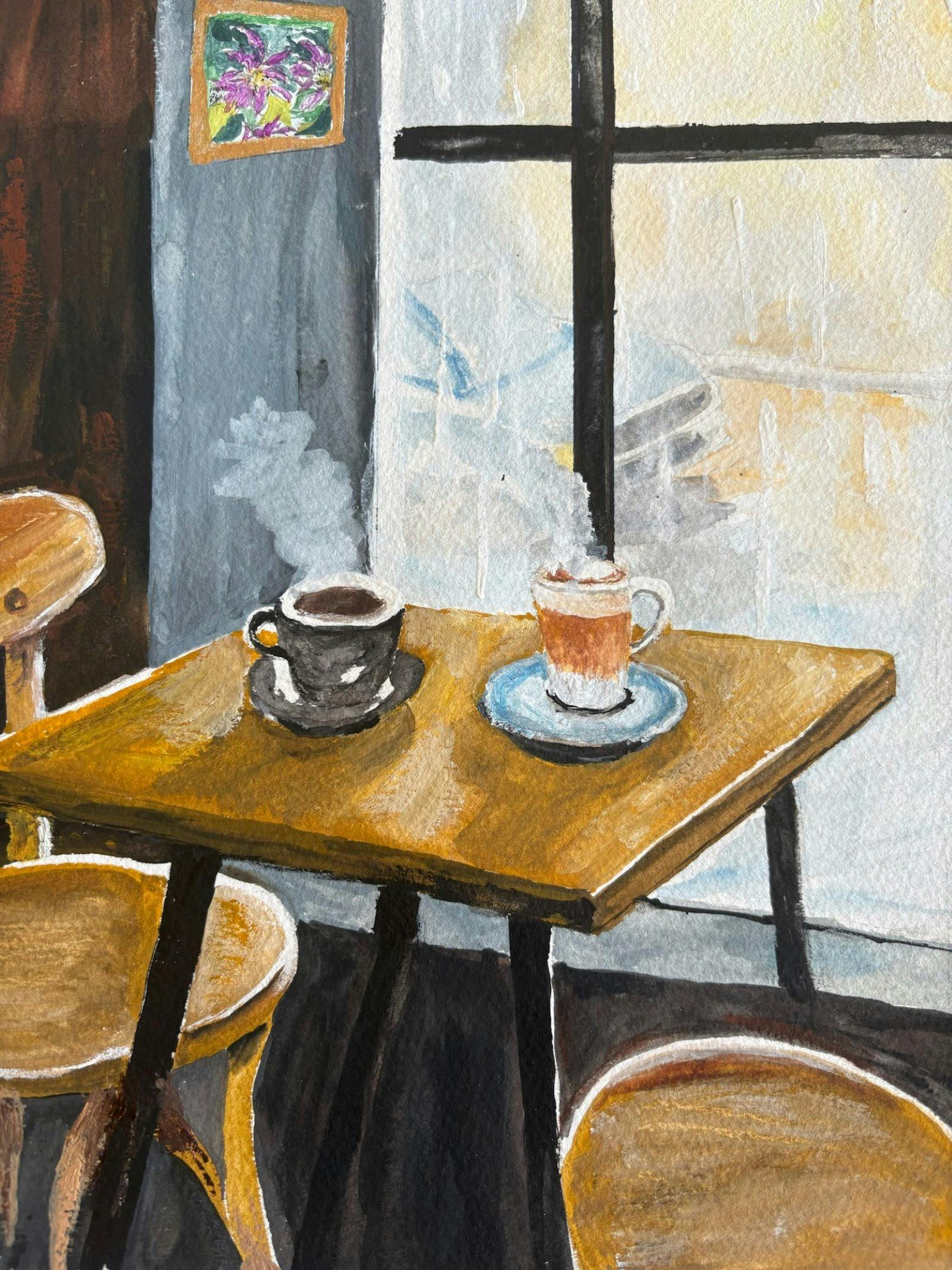 Painting of a cafe scene with a small table, 2 hot coffees in front of a window with view of street.
