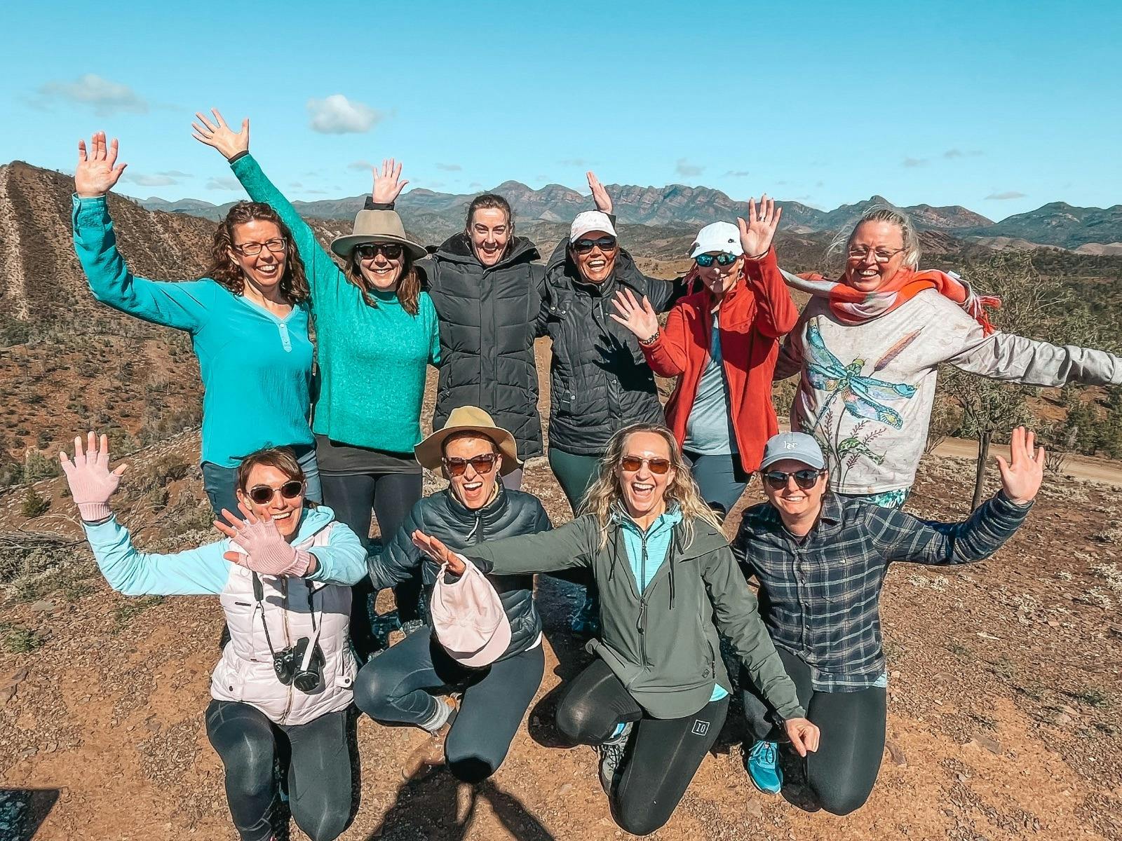 Happy glampers at Bunyeroo Lookout, wilpena Women's Weekend, Active Rest Retreats,
