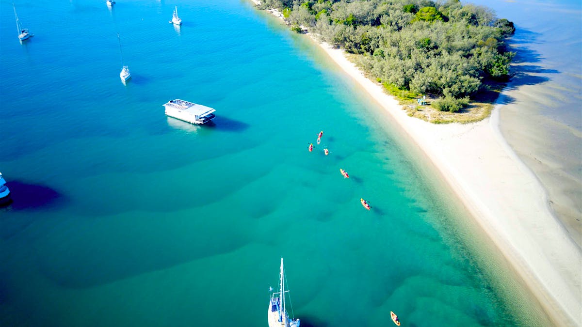 Kayaking though the crystal waters of Wave break Island, Gold Coast
