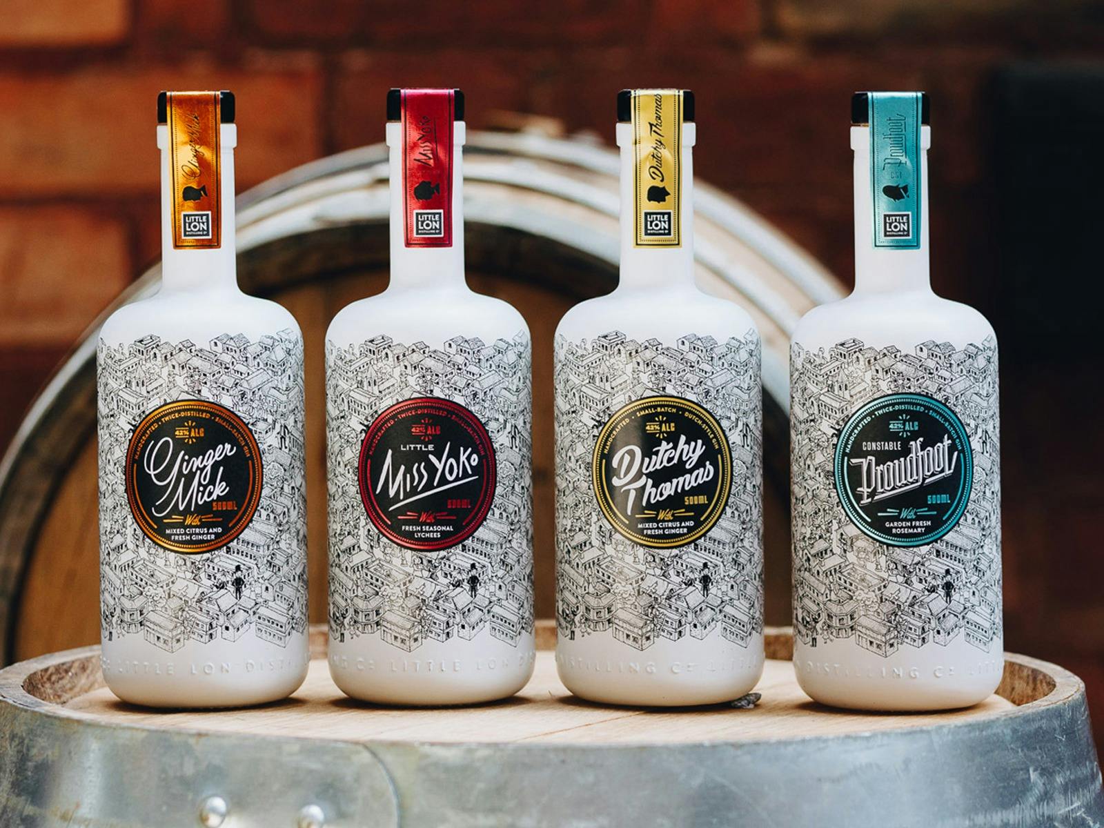 Line up of four Little Lon Gins