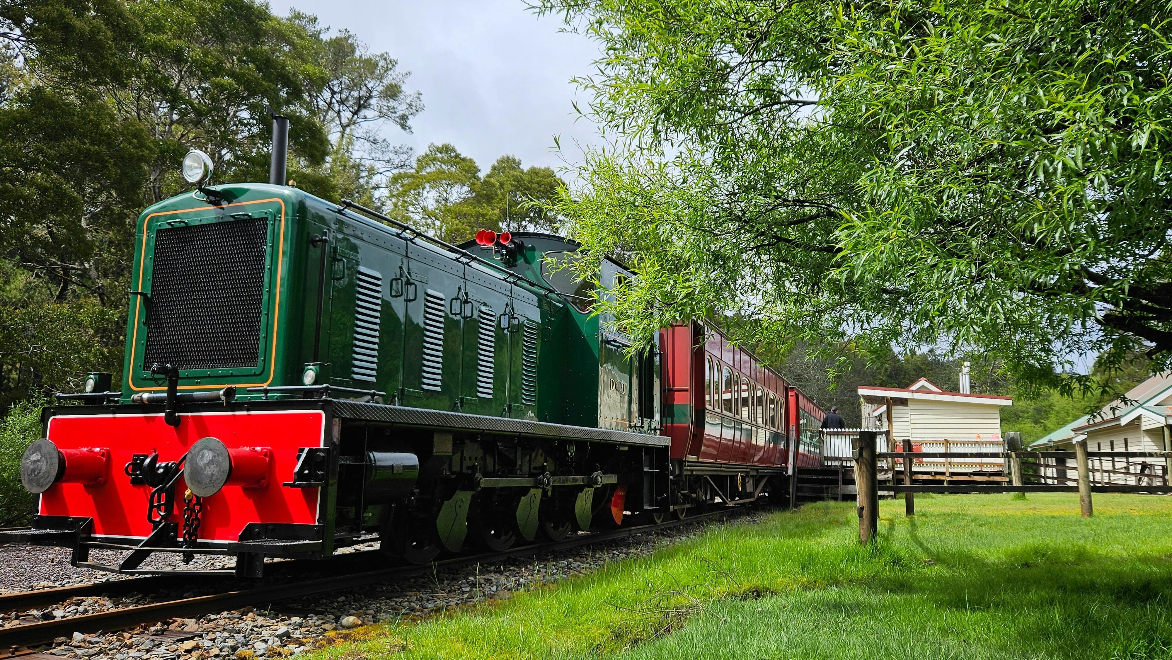 A heritage Drewry diesel locomotive sits at a remote station
