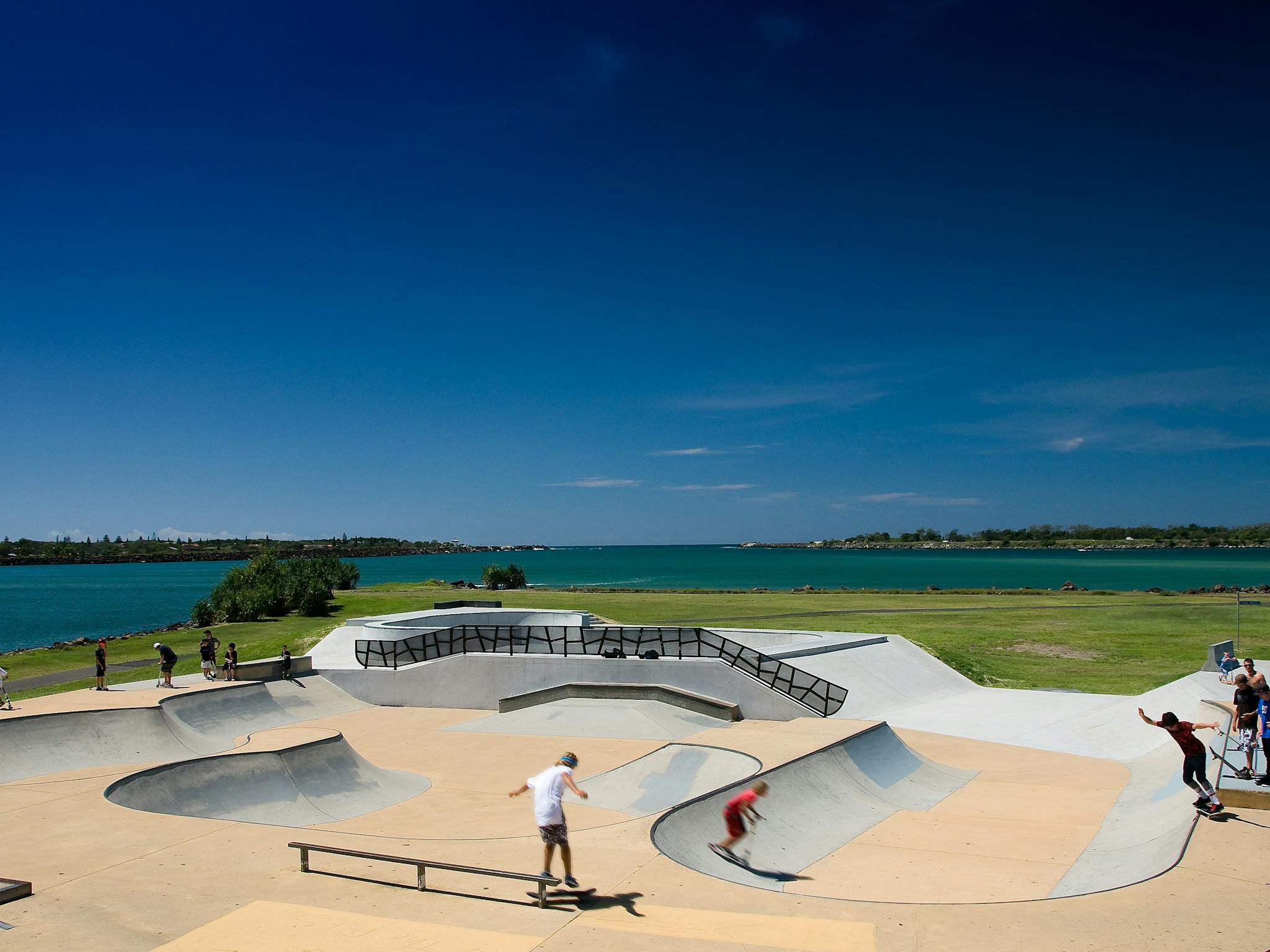 Aerial of skate park with river behind