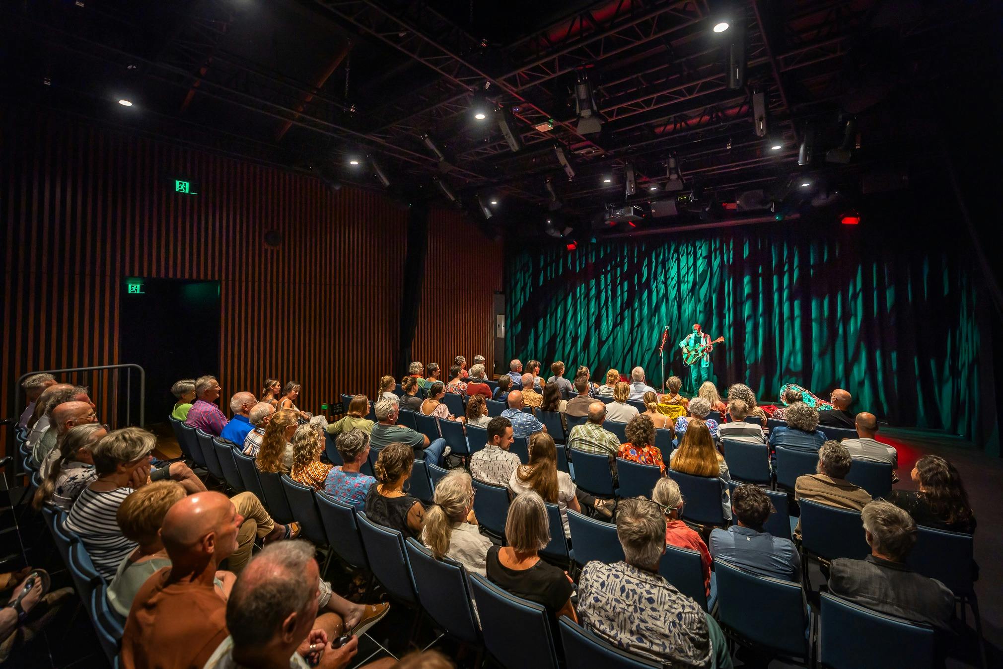Interior of the theatre with seated audience watching musician perform