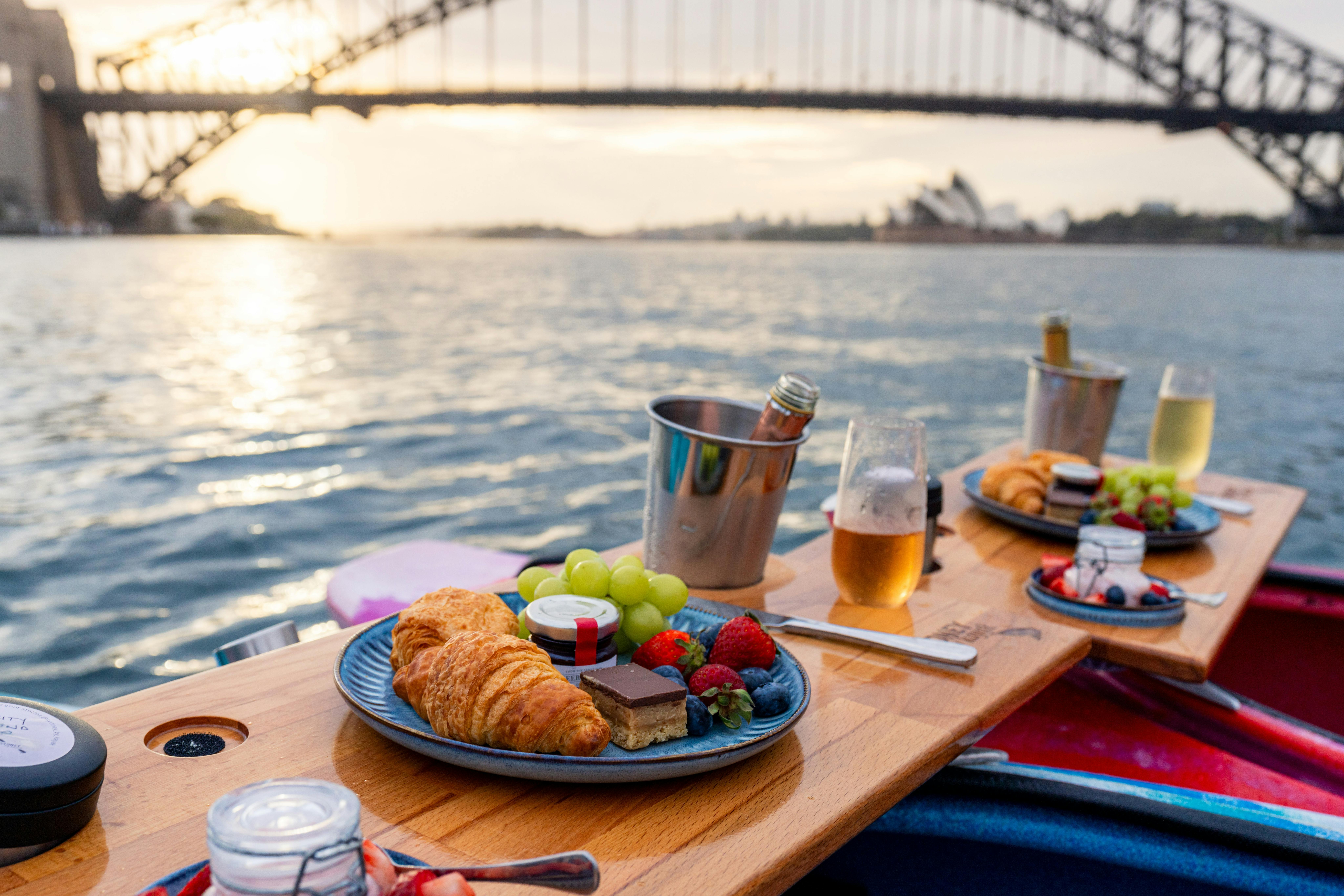 Close up of gourmet champagne breakfast served by Sydney By Kayak on Sydney Harbour.