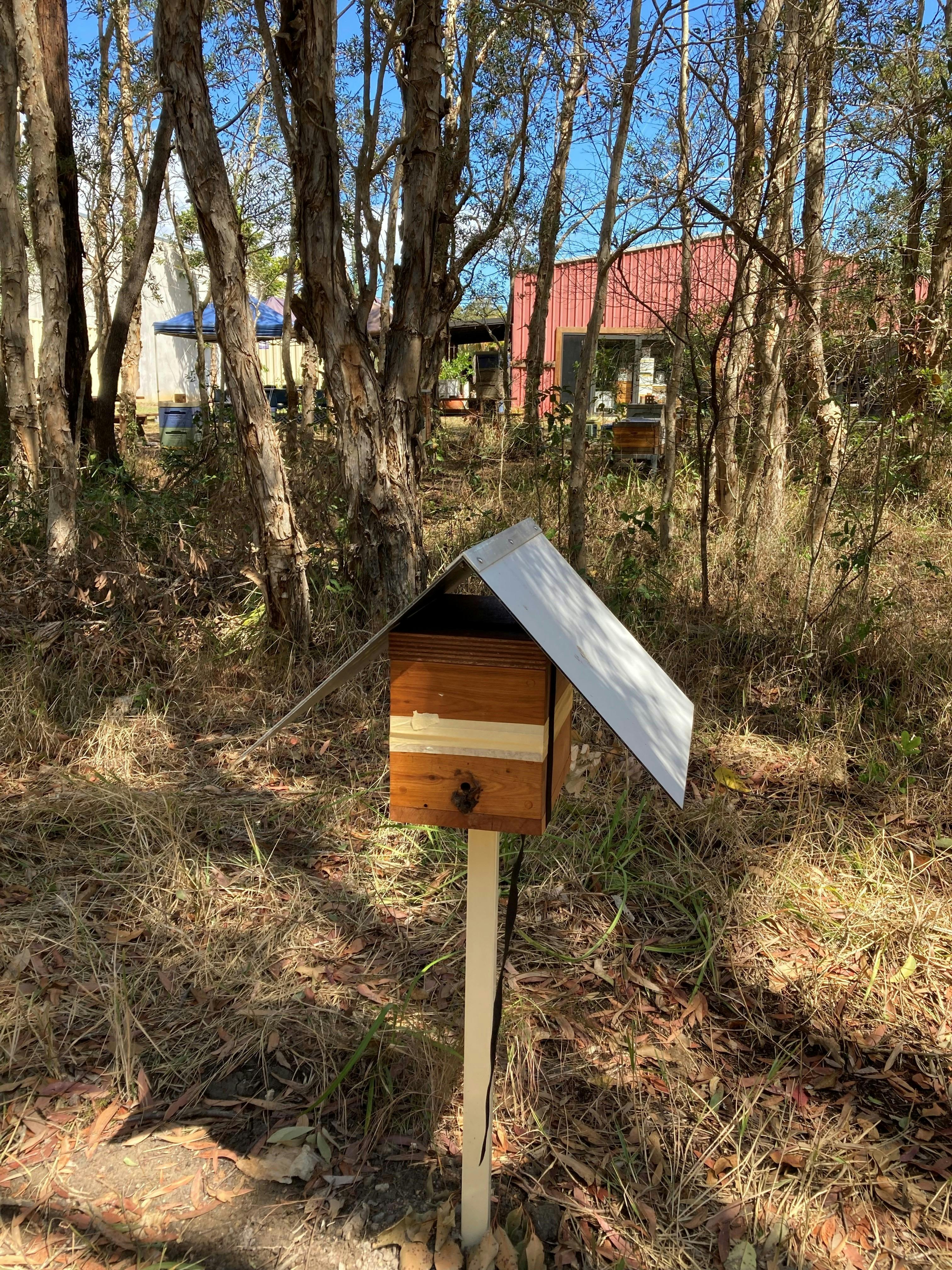 A native bee hive with roof