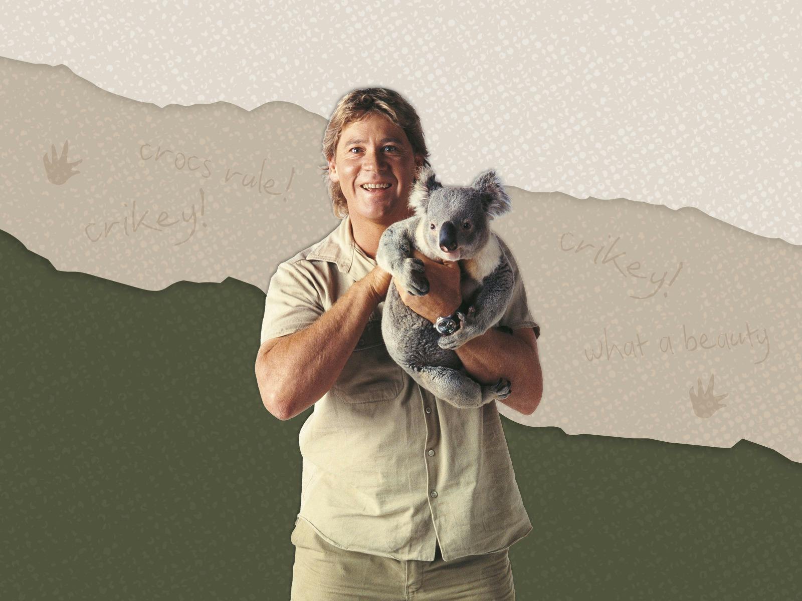 Steve Irwin smiling holding a Koala with Khaki coloured background
