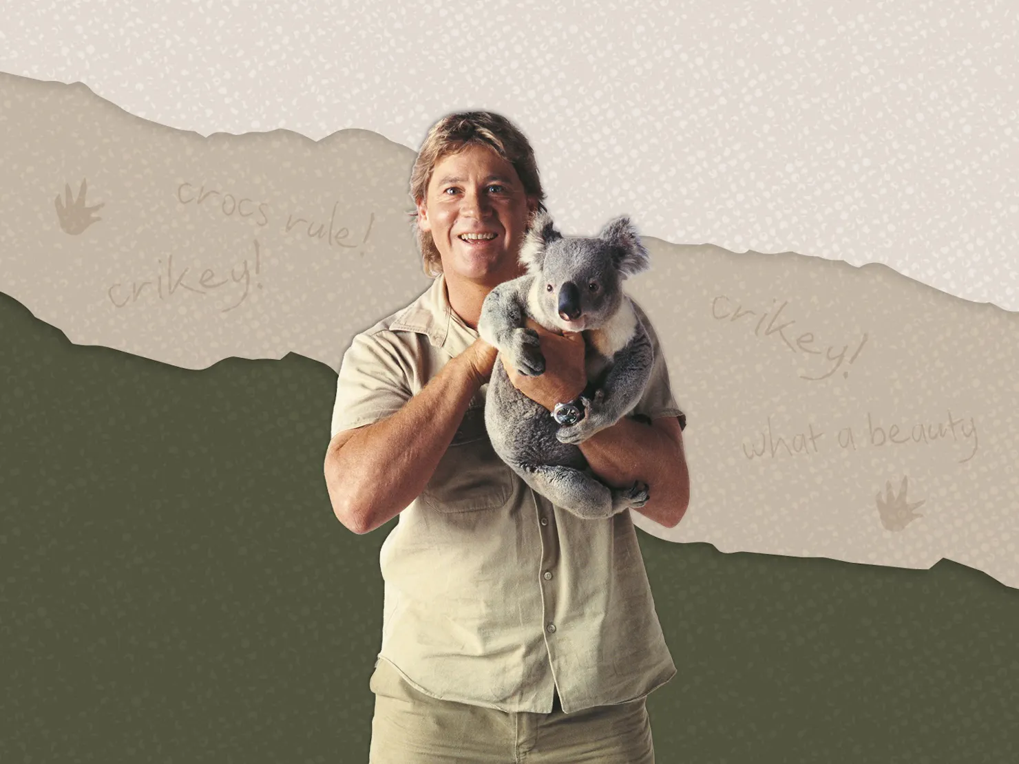 Steve Irwin smiling holding a Koala with Khaki coloured background