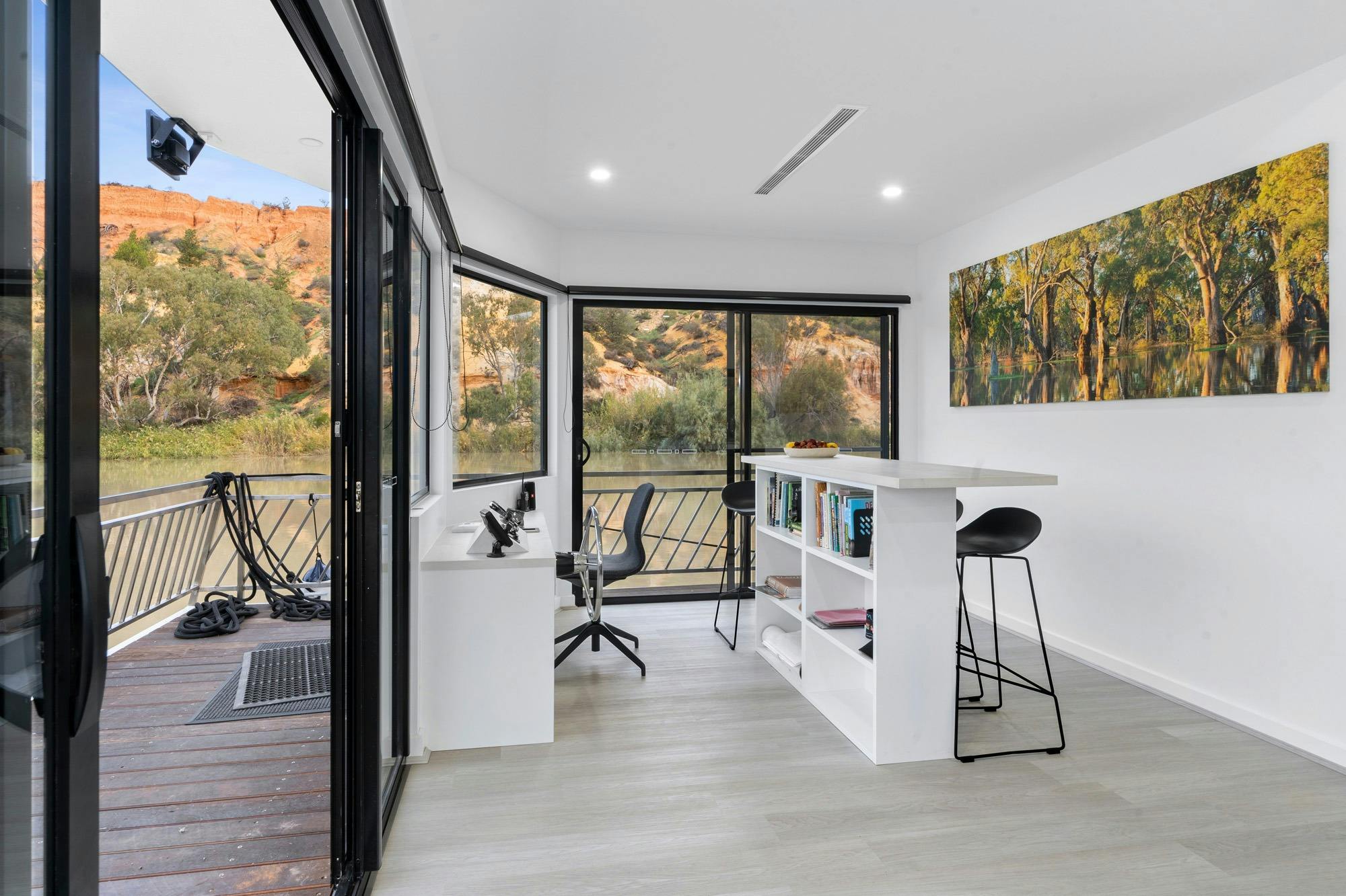 Inside the steering area of the luxury houseboat High River