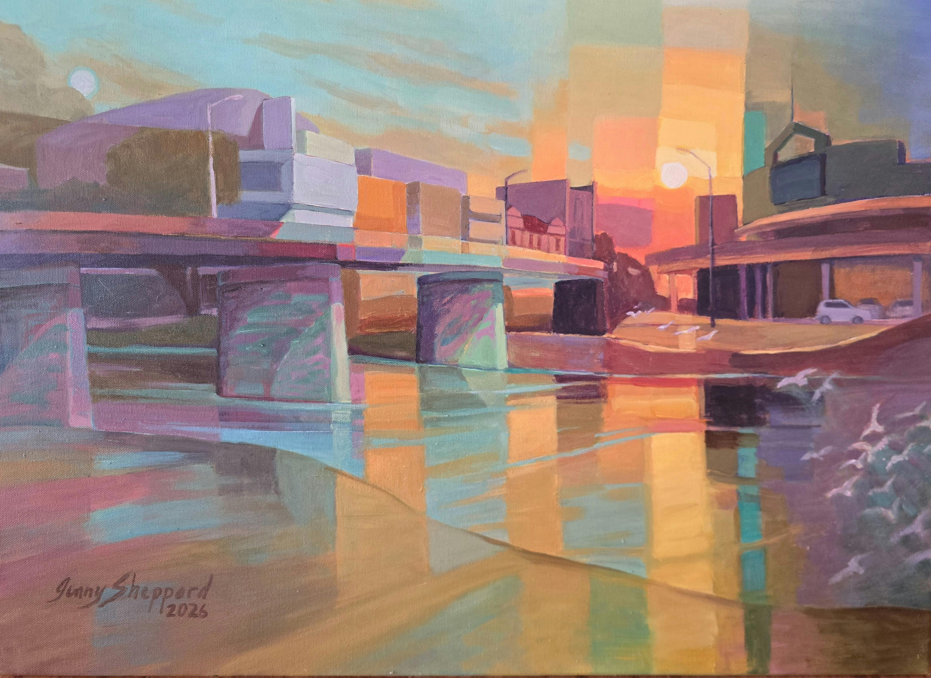 A colourful oil painting in pastel palette of the Queanbeyan bridge and river