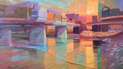 A colourful oil painting in pastel palette of the Queanbeyan bridge and river