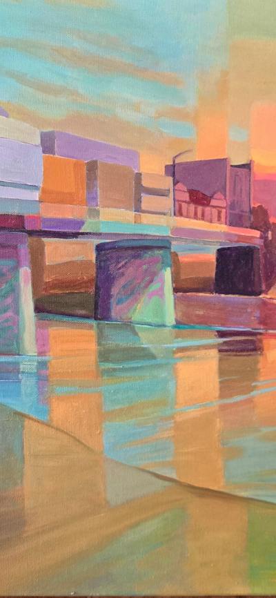 A colourful oil painting in pastel palette of the Queanbeyan bridge and river