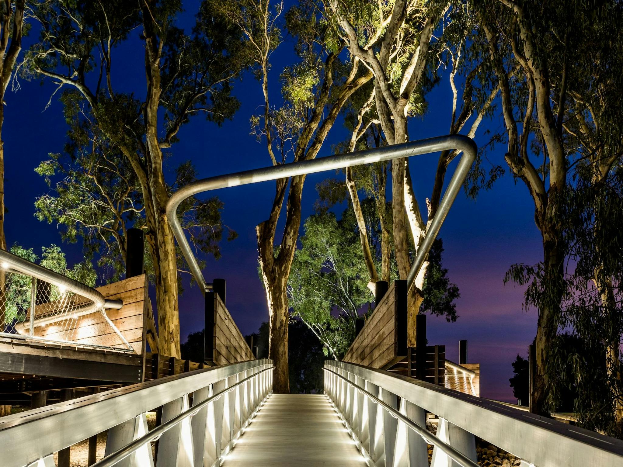 Looking up at the walkway of the Koondrook wharf at dusk
