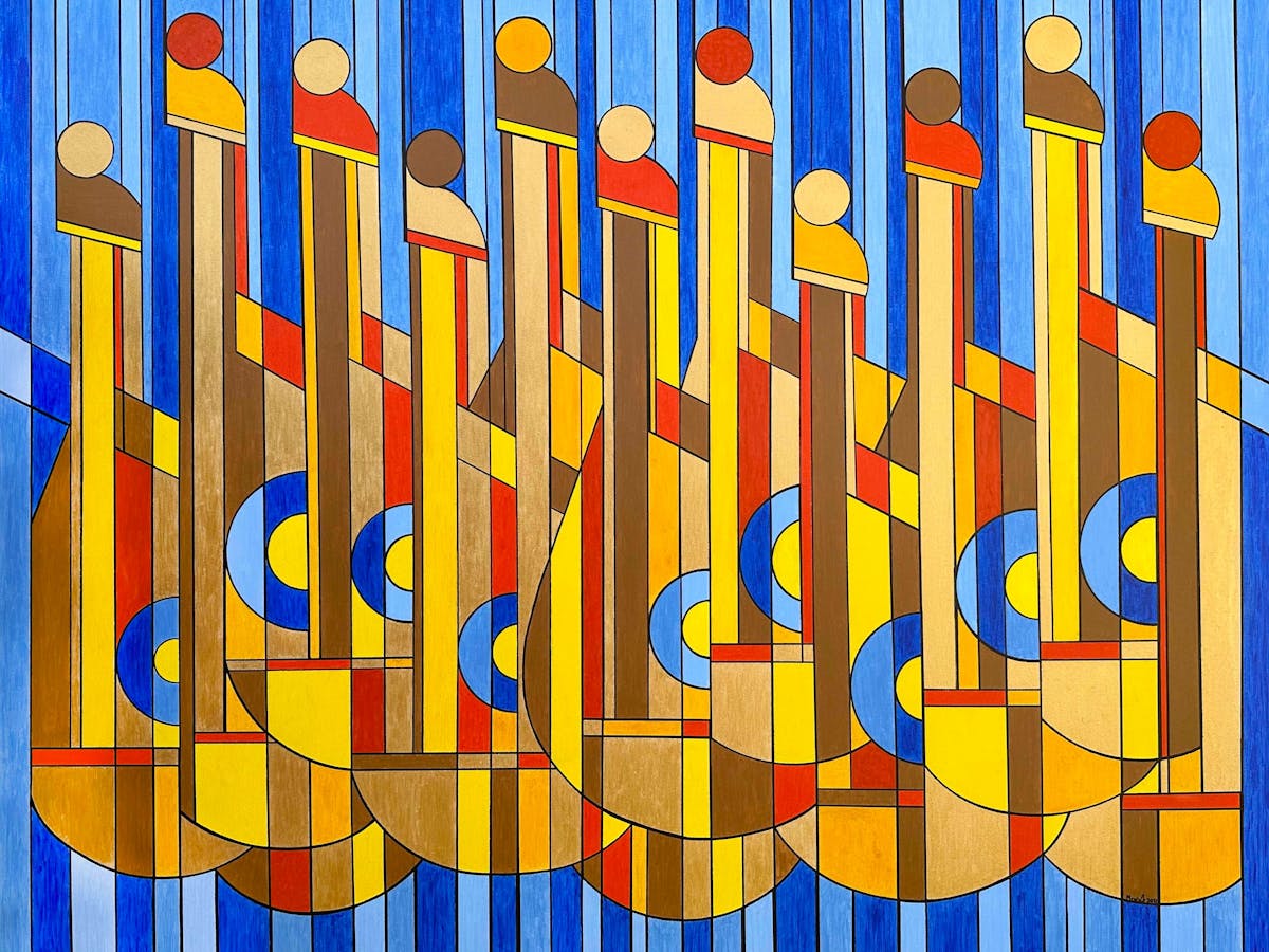 Brightly-coloured geometric rectangles in blue, yellow and red are intersected by semi-circles