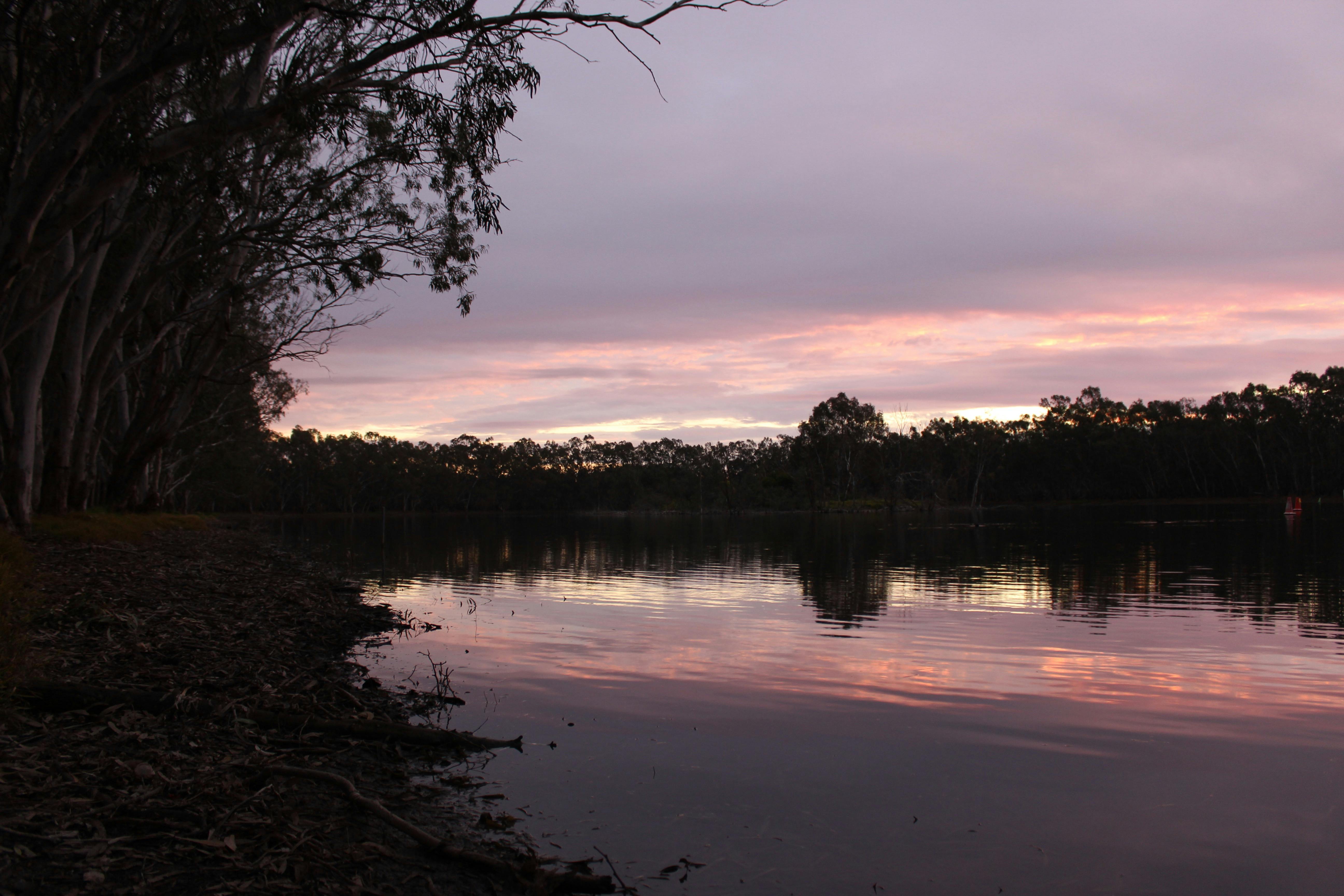 Lake with pink and purple sunset in background