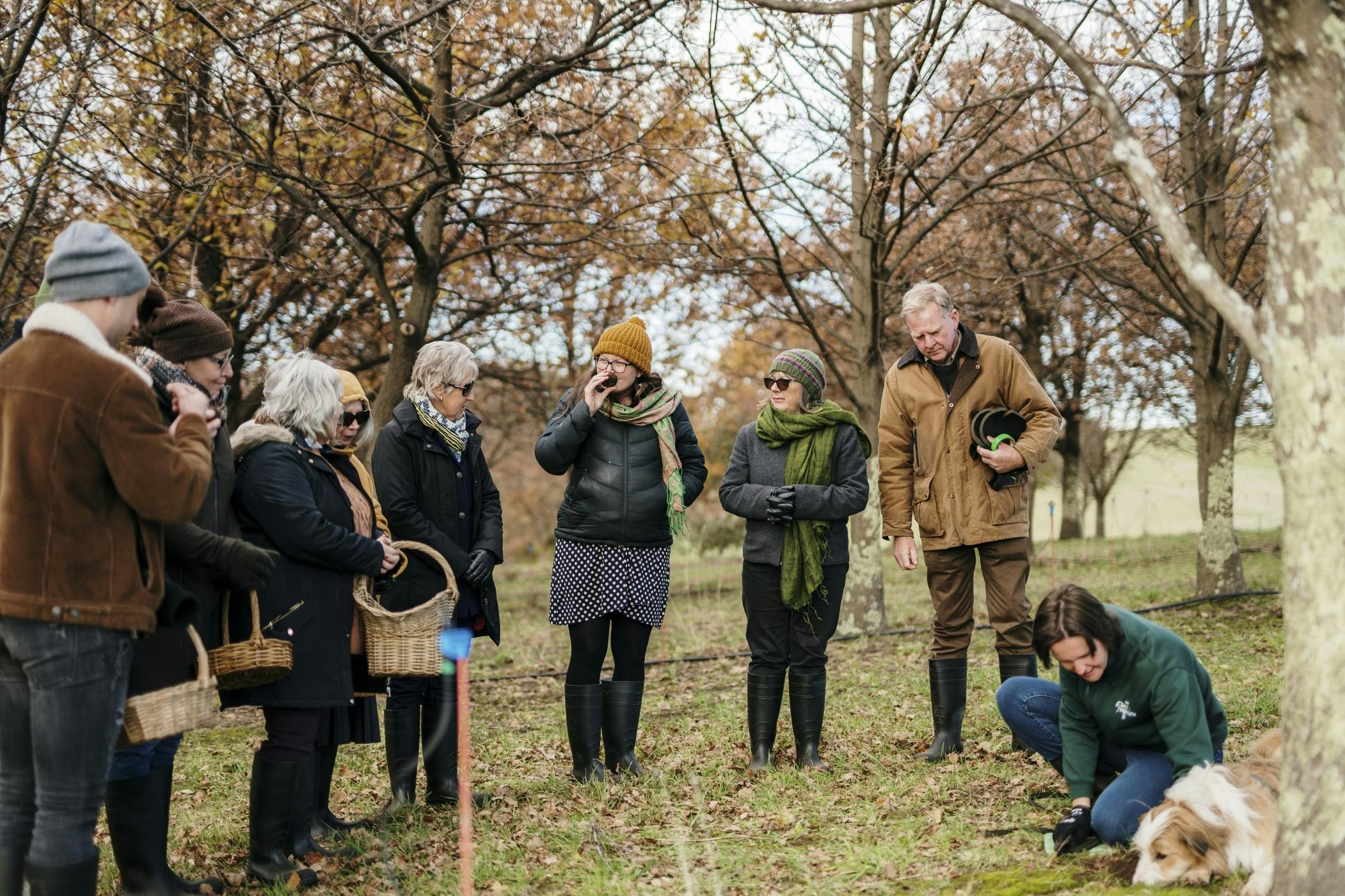 Ina digging up truffle while a group passes a truffle around to smell