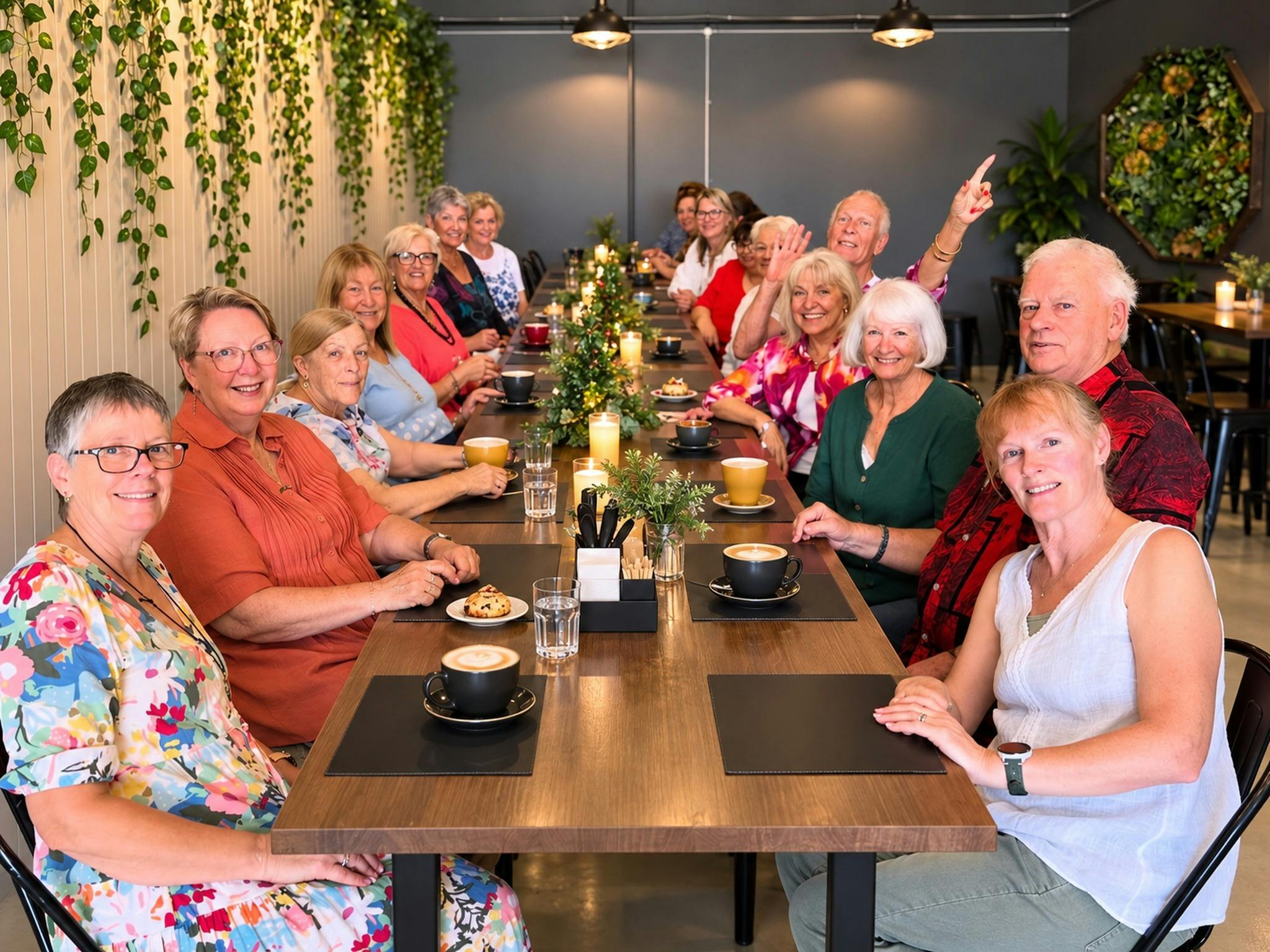 A large group of adults gathered around a table enjoying coffee together at The Coven Bx Candle Café