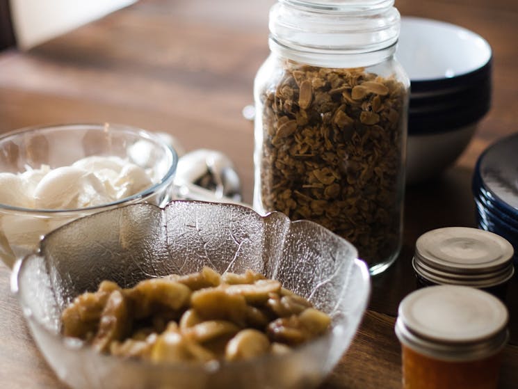 Home made almond vanilla granola with honey-cinnamon apple and greek yoghurt