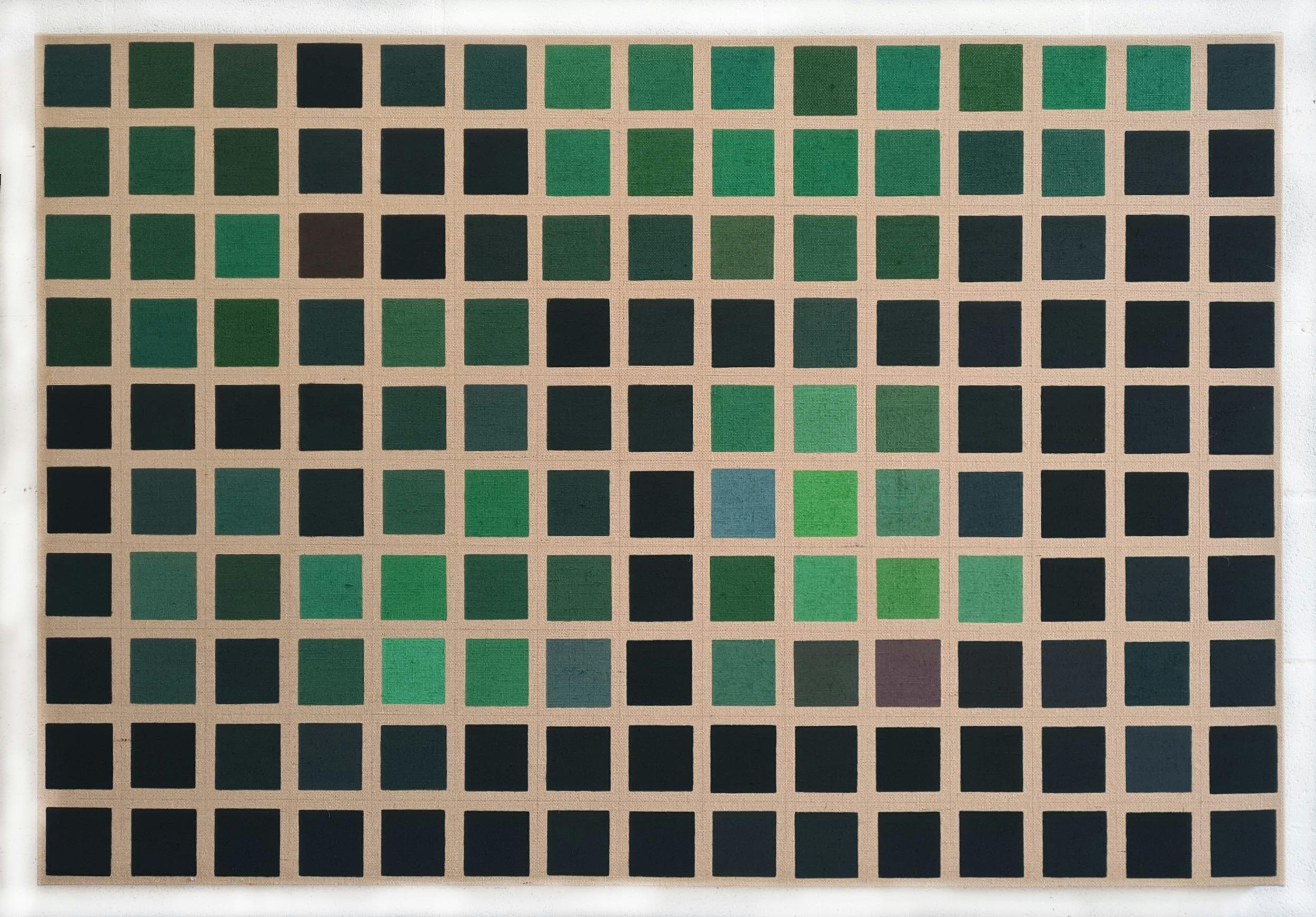A painting depicting a grid of different shades of green squares on an unprimed canvas